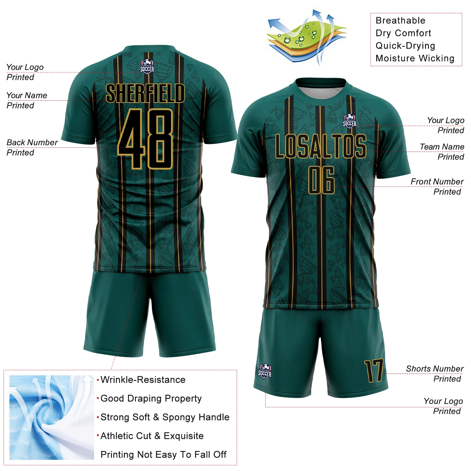 Custom Midnight Green Black-Old Gold Stripe Line Sublimation Soccer Uniform Jersey - Image 4