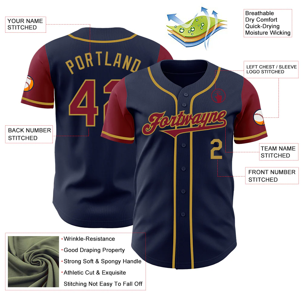 Custom Navy Crimson-Old Gold Authentic Two Tone Baseball Jersey - Image 3