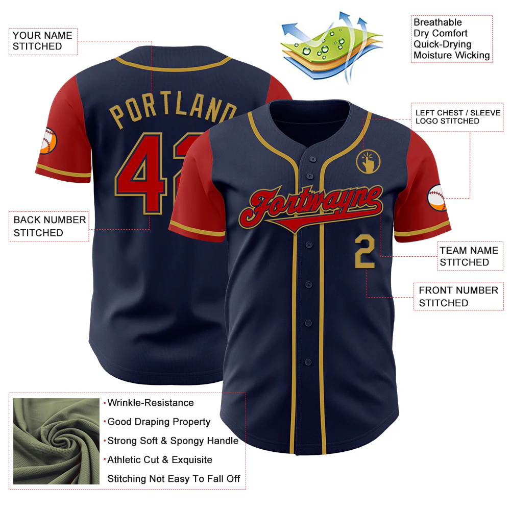 Custom Navy Red-Old Gold Authentic Two Tone Baseball Jersey - Image 3