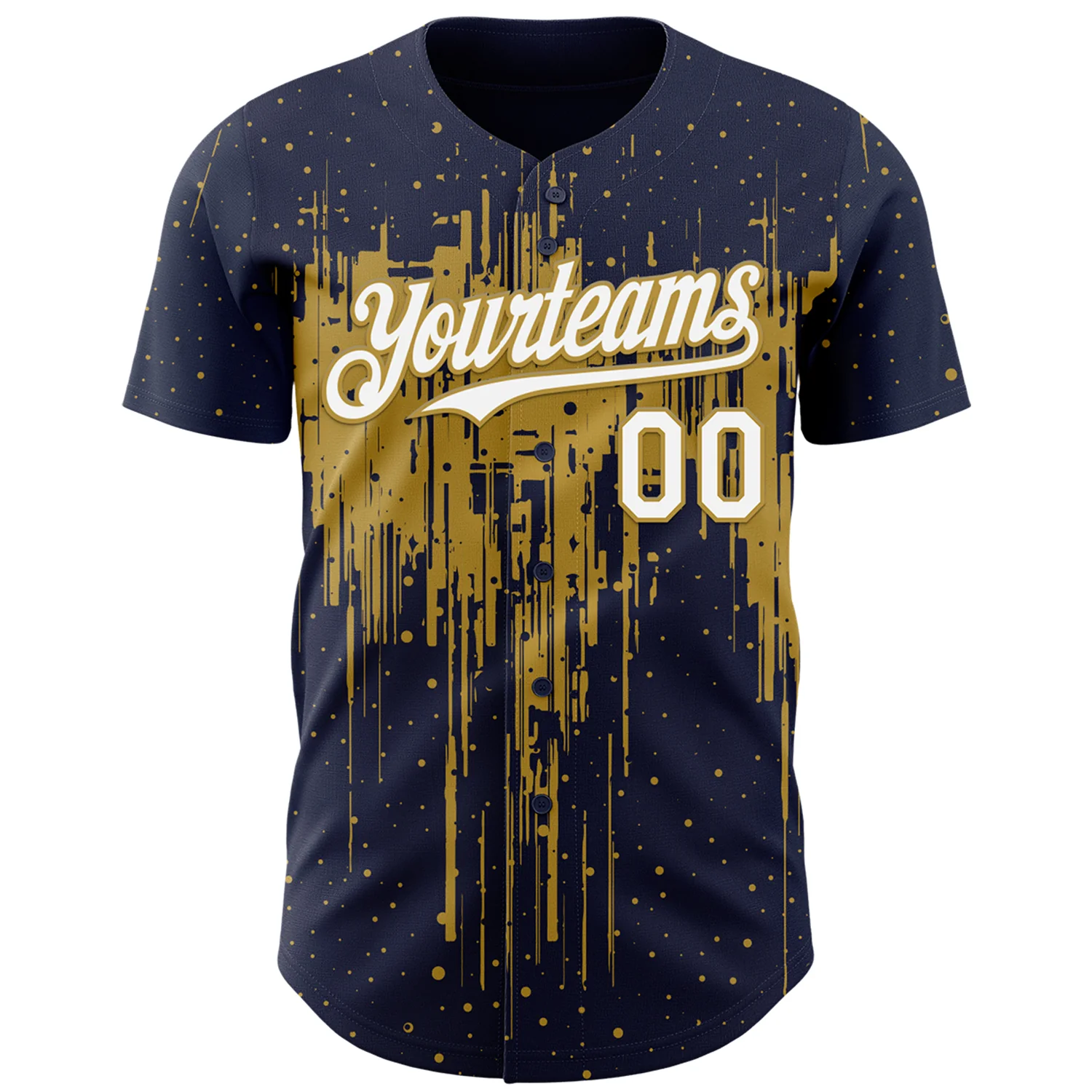 Custom Navy White-Old Gold Dripping Splatter Paint Authentic Baseball Jersey - Image 2