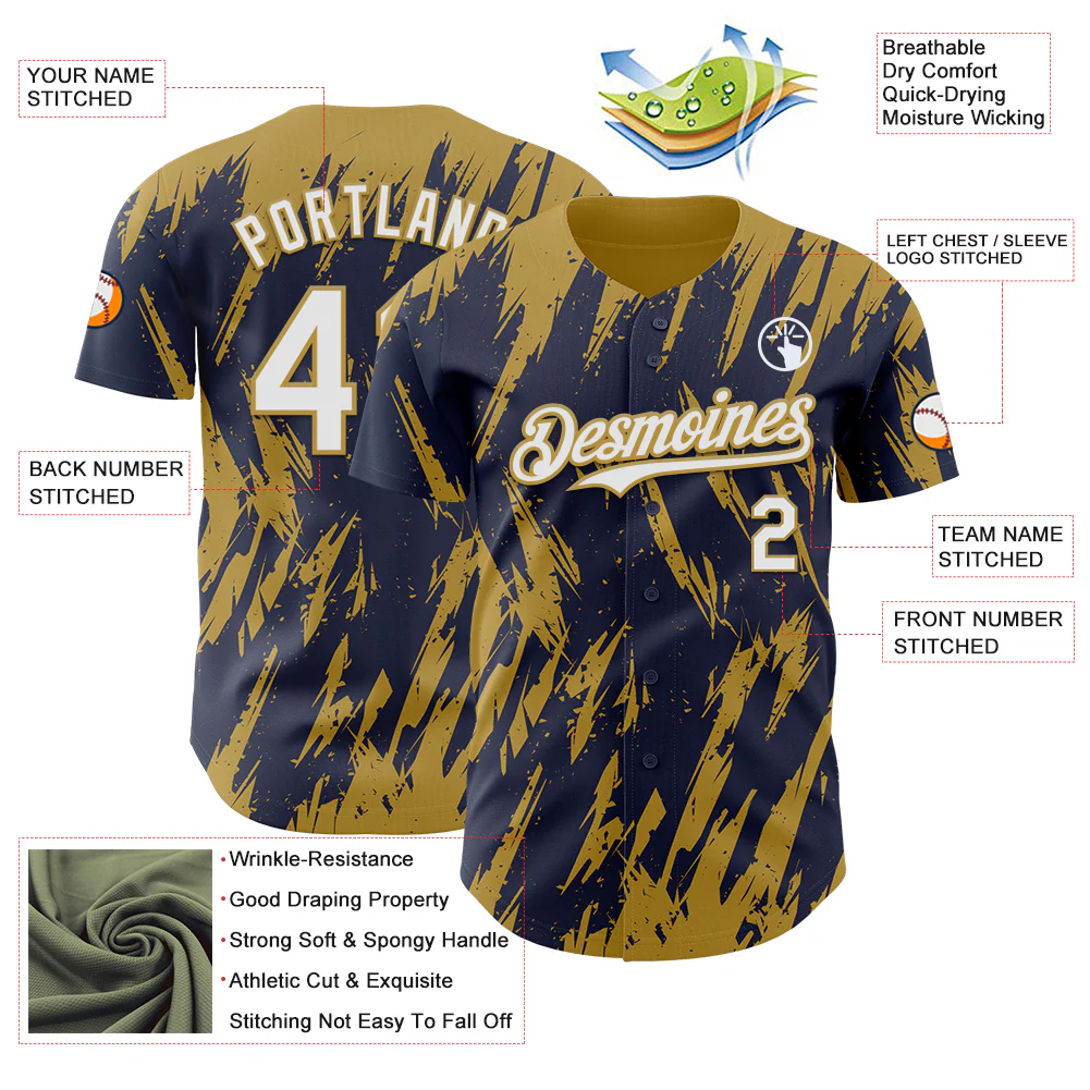 Custom Navy White-Old Gold Splatter Torn Sharp Brush Stroke Authentic Baseball Jersey - Image 3