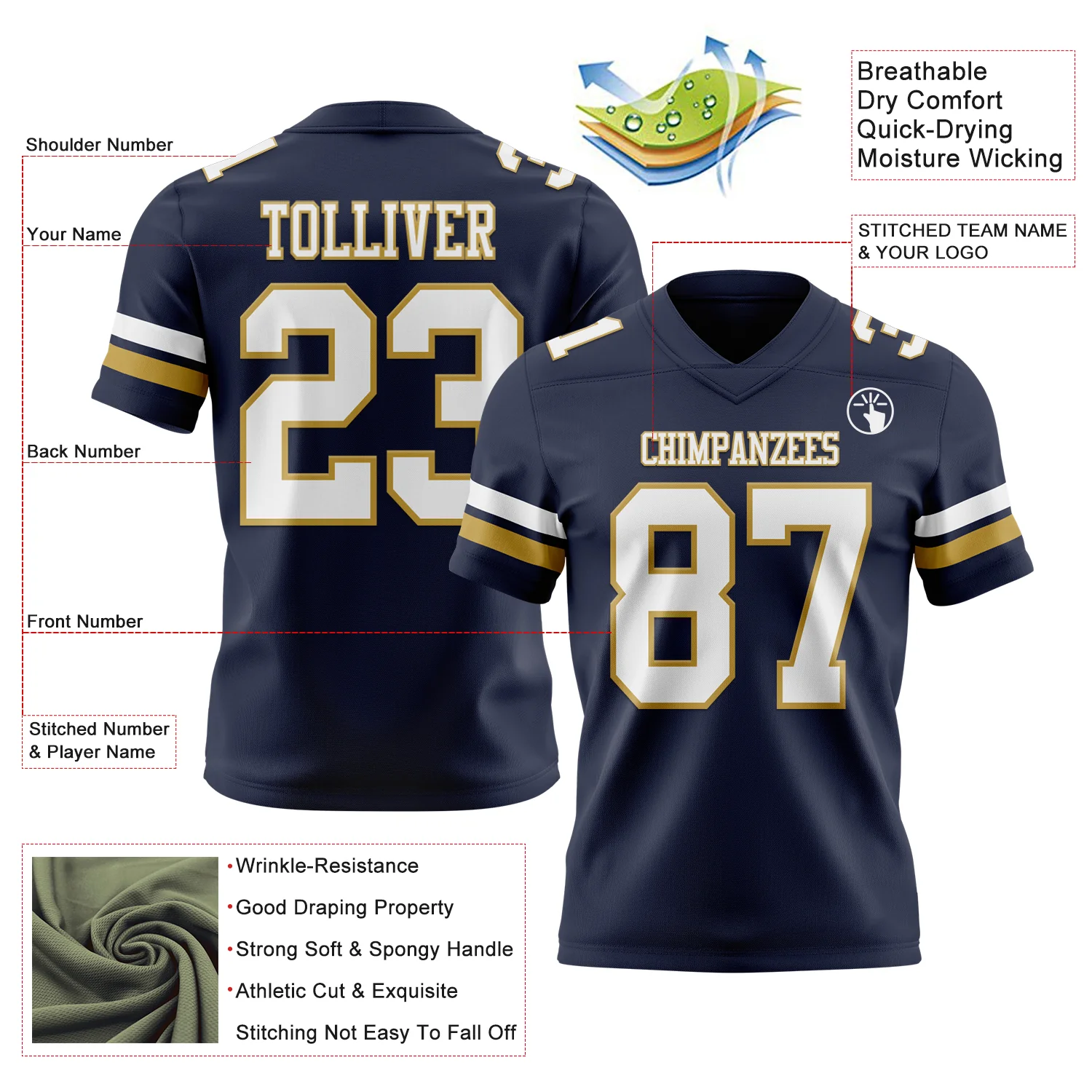 Custom Navy White-Old Gold Authentic Football Jersey - Image 3