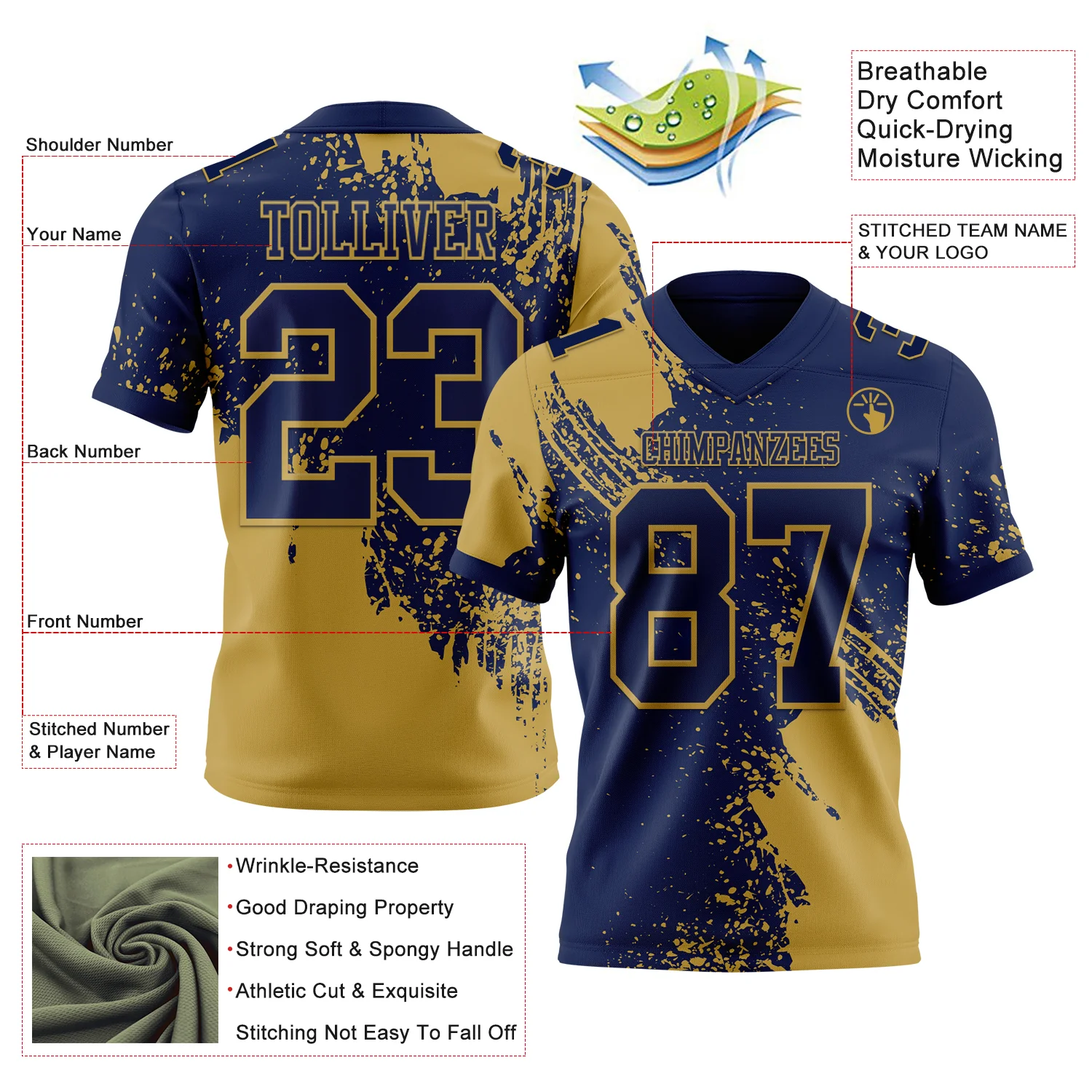 Custom Navy Old Gold 3D Pattern Abstract Brush Stroke Authentic Football Jersey - Image 2
