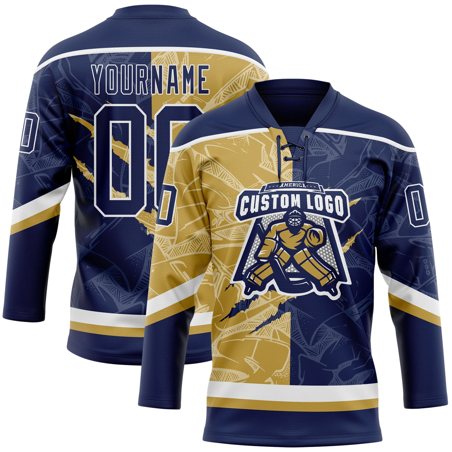 Custom Navy Old Gold-White 3D Pattern Gradient Fashion Scratch Hockey Lace Neck Jersey - Image 2