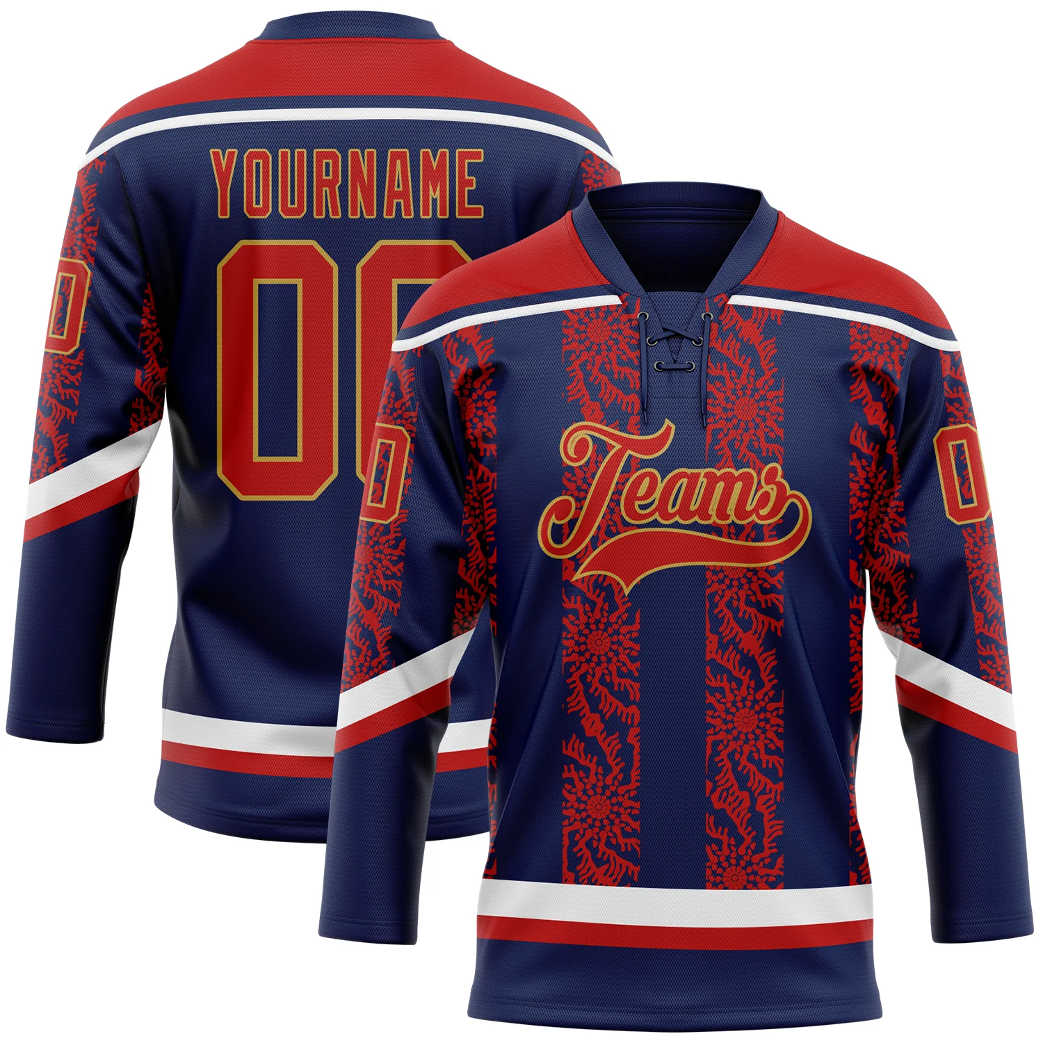 Custom Navy Red Old Gold-White 3D Pattern Abstract Shape Hockey Lace Neck Jersey
