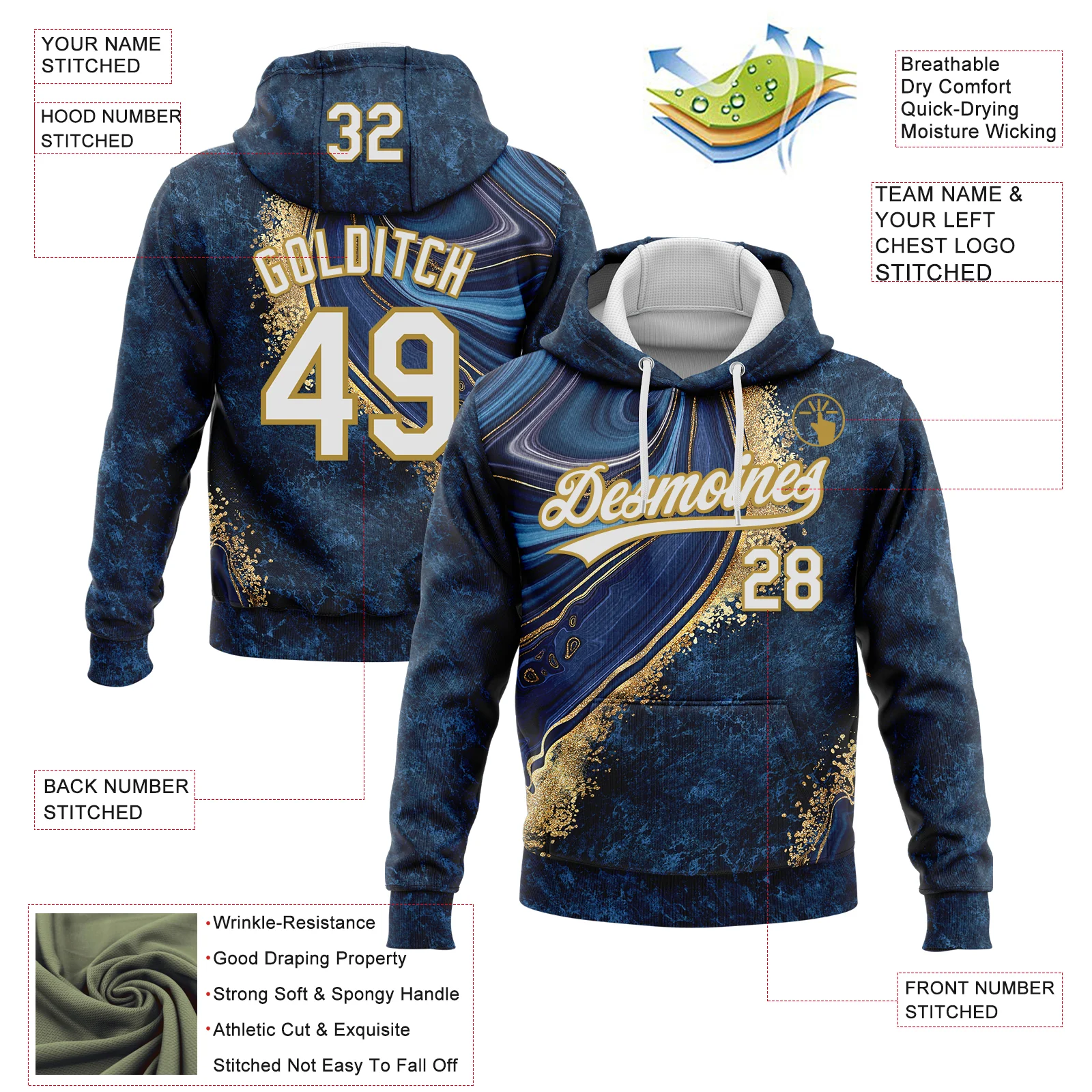 Custom Stitched Navy White-Old Gold Abstract Marble Sports Pullover Sweatshirt Hoodie - Image 4