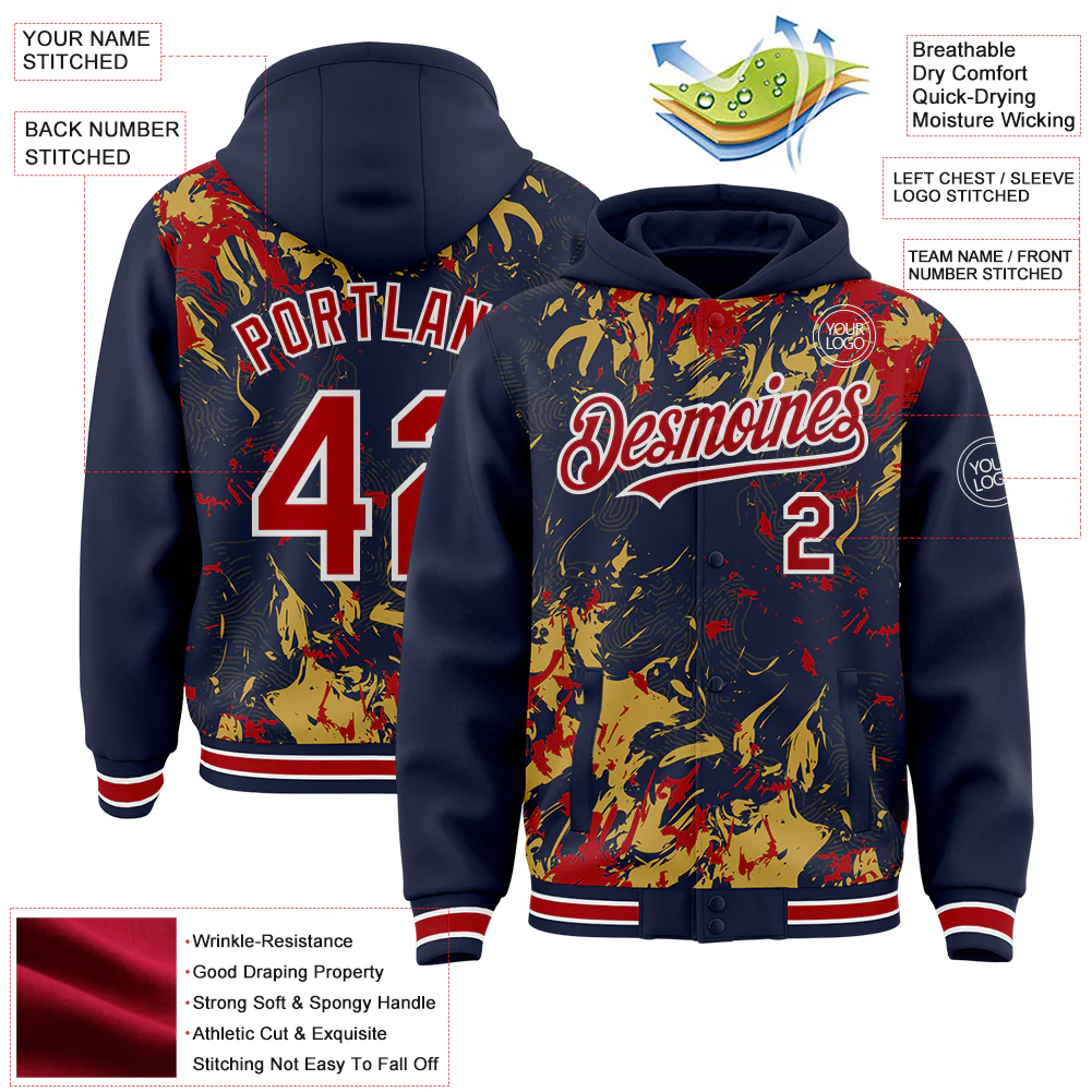 Custom Navy Red Old Gold-White Splash Bomber Full-Snap Varsity Letterman Hoodie Jacket - Image 4