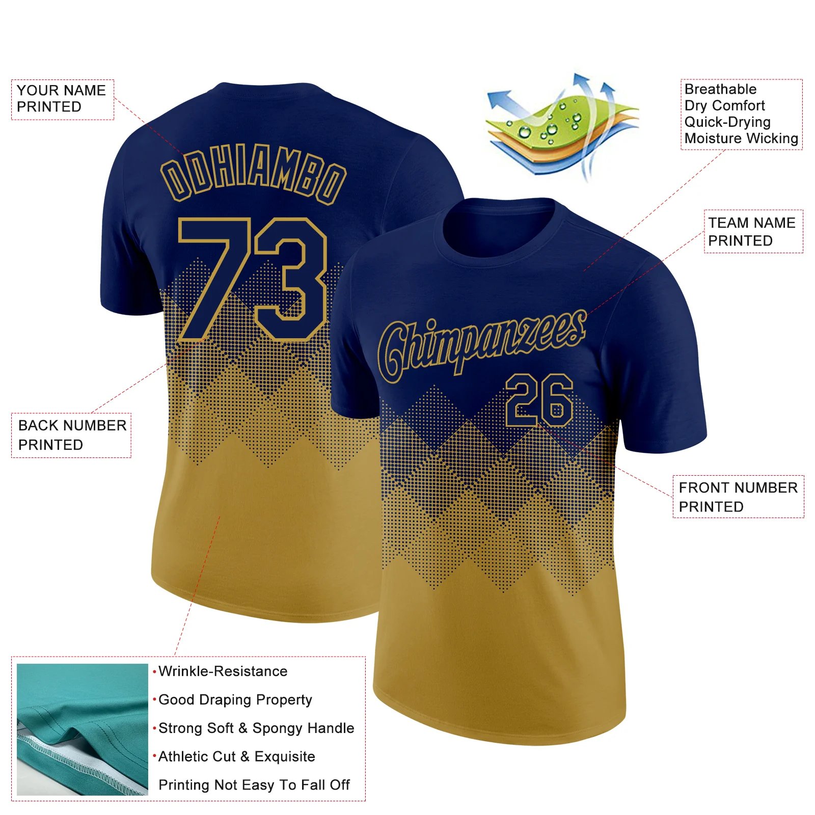 Custom Navy Old Gold 3D Pattern Design Gradient Square Shapes Performance T-Shirt - Image 2