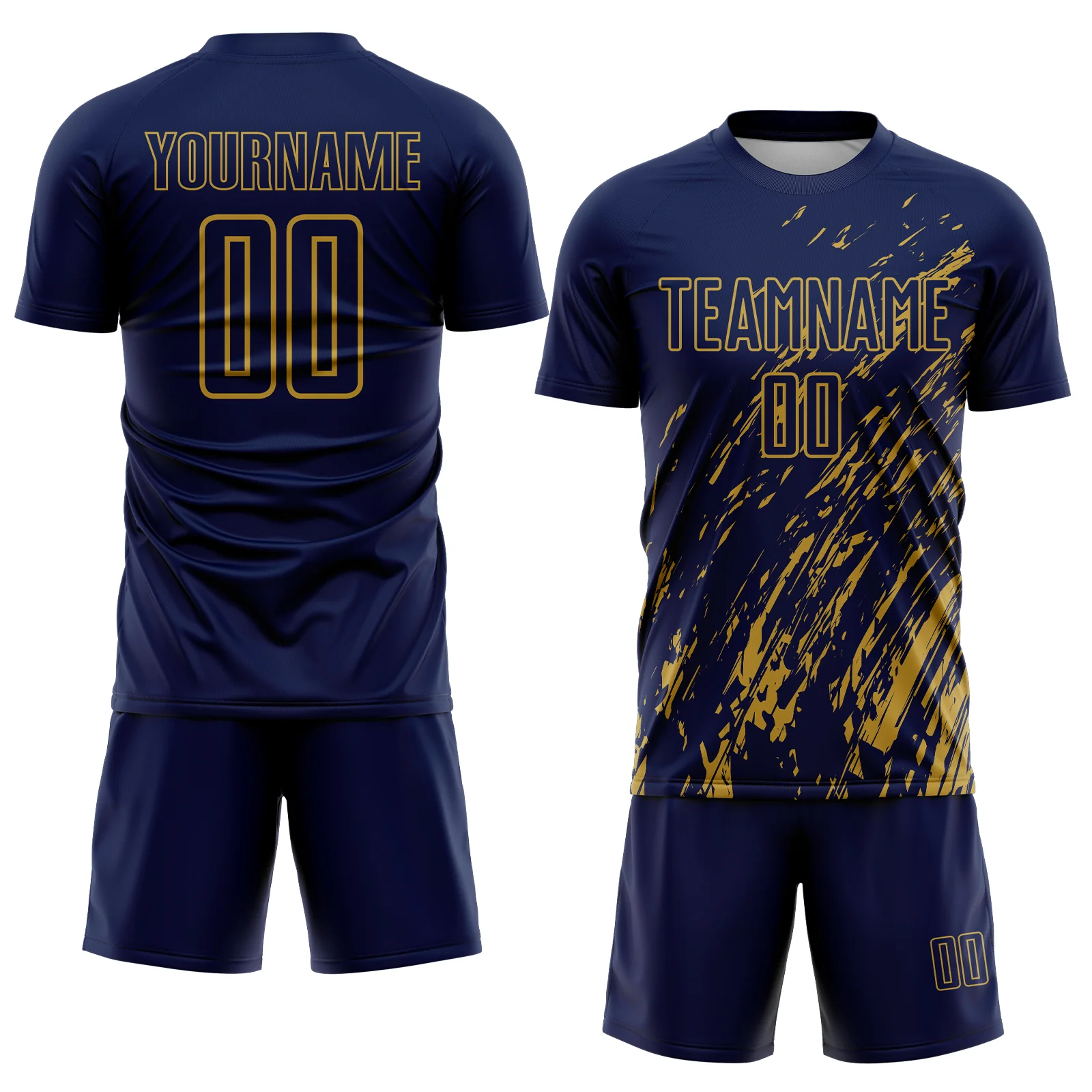 Custom Navy Old Gold Splash Sublimation Soccer Uniform Jersey - Image 2