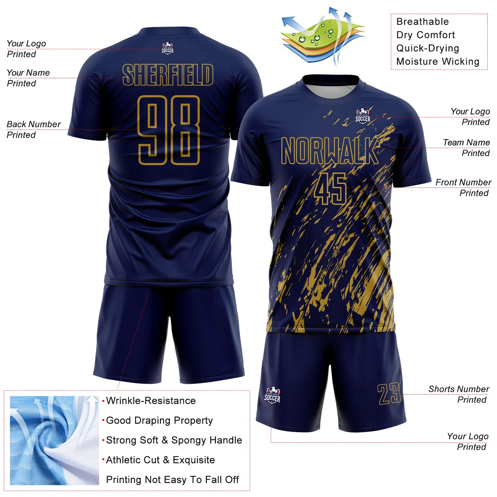 Custom Navy Old Gold Splash Sublimation Soccer Uniform Jersey - Image 4