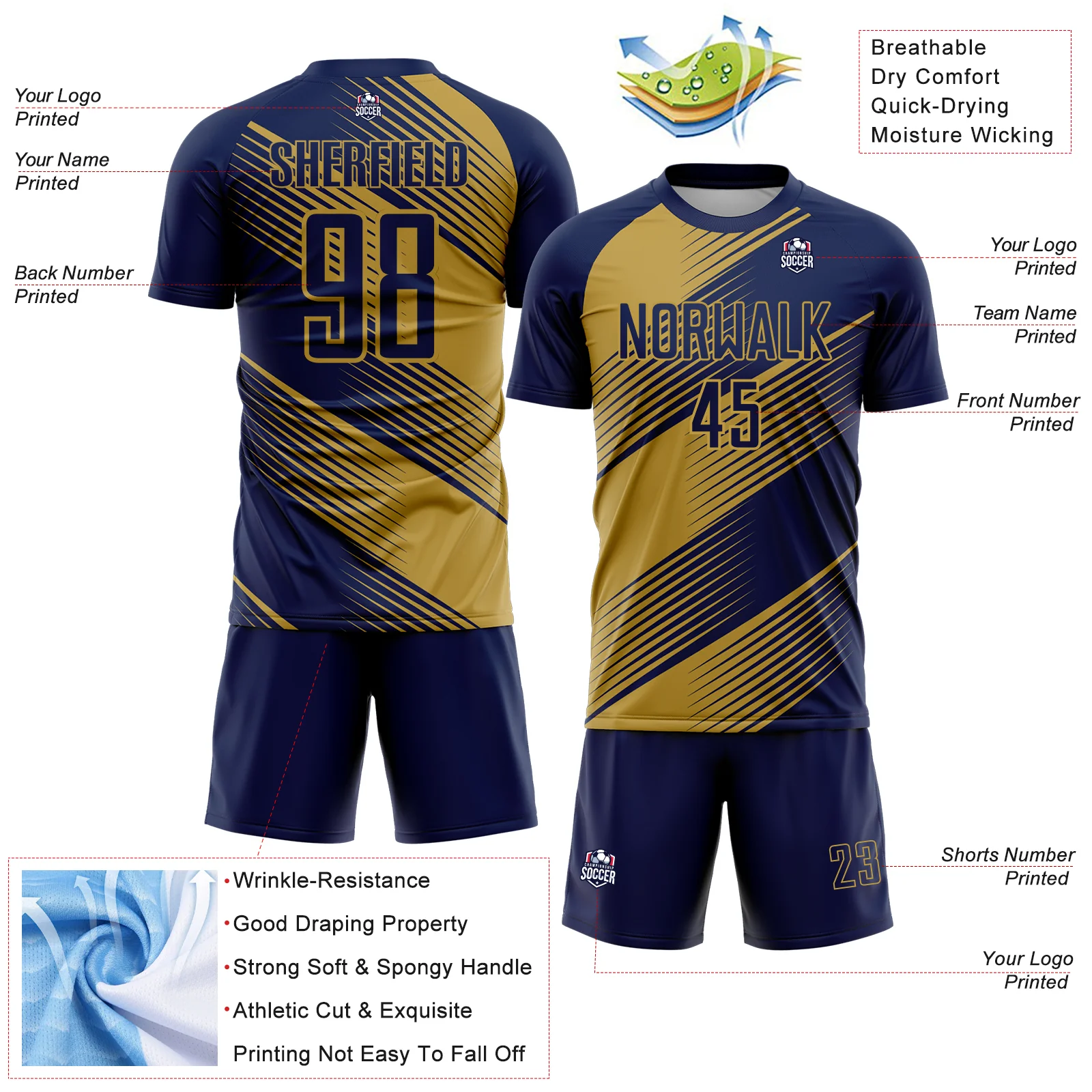 Custom Navy Old Gold Line Sublimation Soccer Uniform Jersey - Image 4
