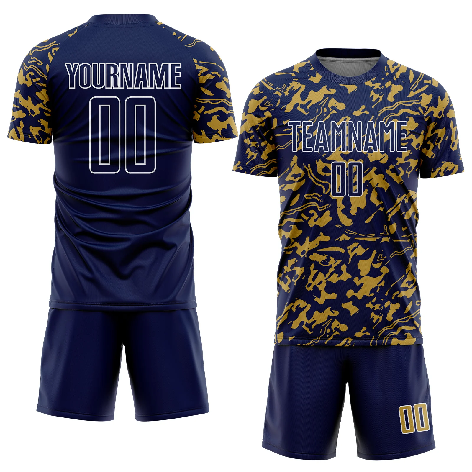 Custom Navy Old Gold-White Liquid Fluid Pattern Sports Sublimation Soccer Uniform Jersey - Image 2