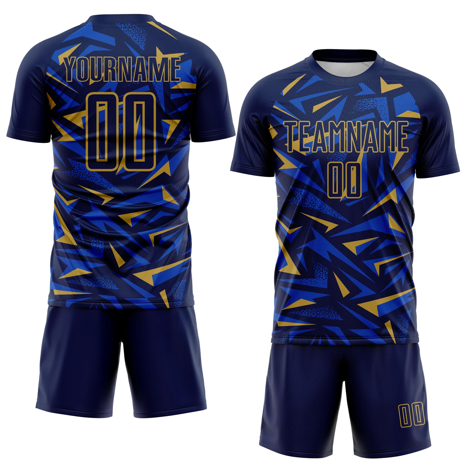 Custom Navy Old Gold-Thunder Blue Cyber Mecha E-sport Geometric Shards Spike Sublimation Soccer Uniform Jersey - Image 2