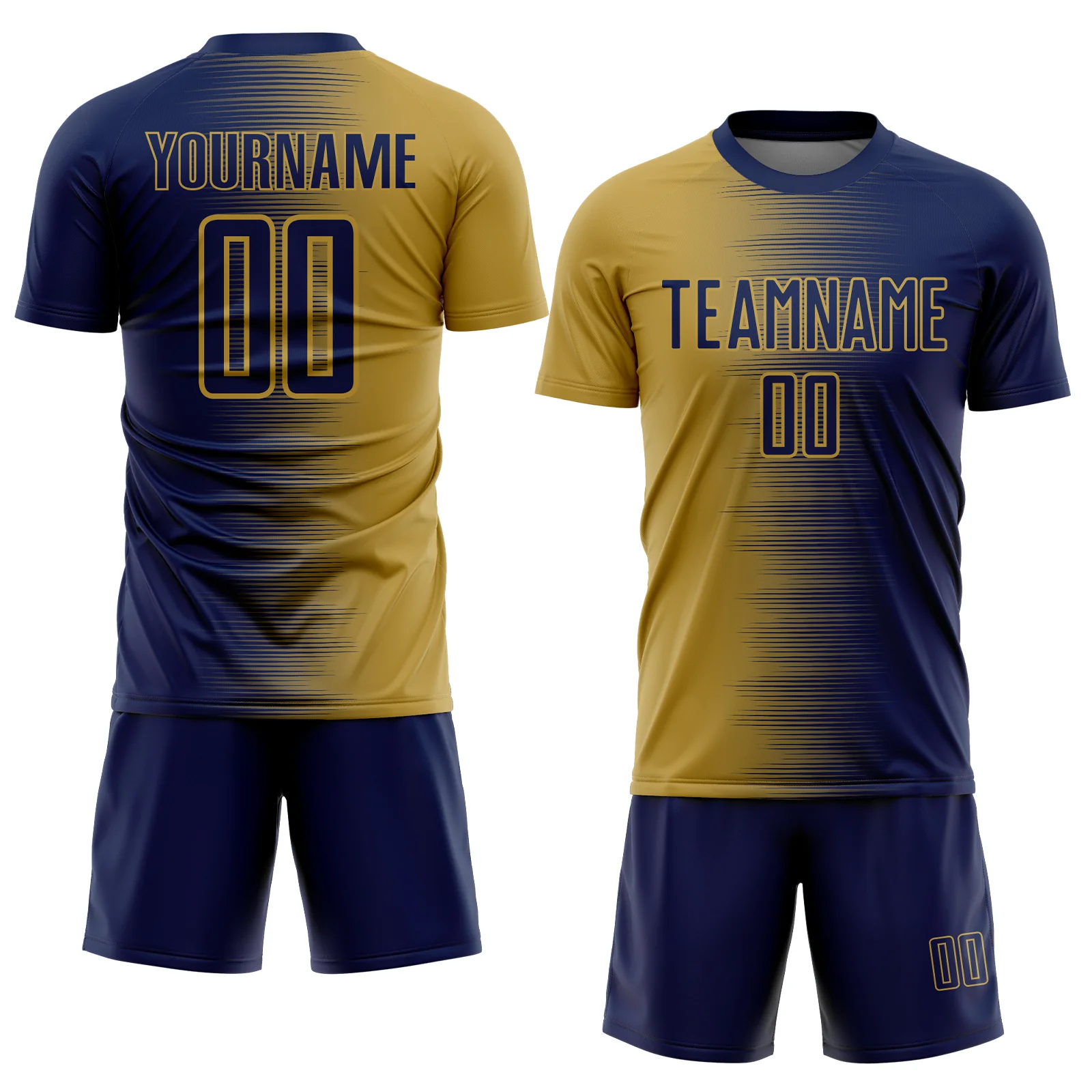 Custom Navy Old Gold Gradient Line Sublimation Soccer Uniform Jersey - Image 2