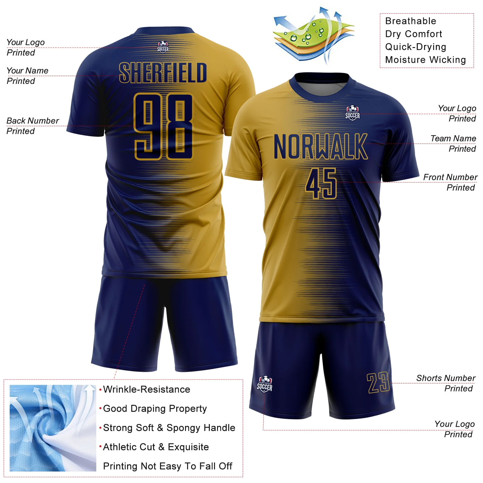 Custom Navy Old Gold Gradient Line Sublimation Soccer Uniform Jersey - Image 4