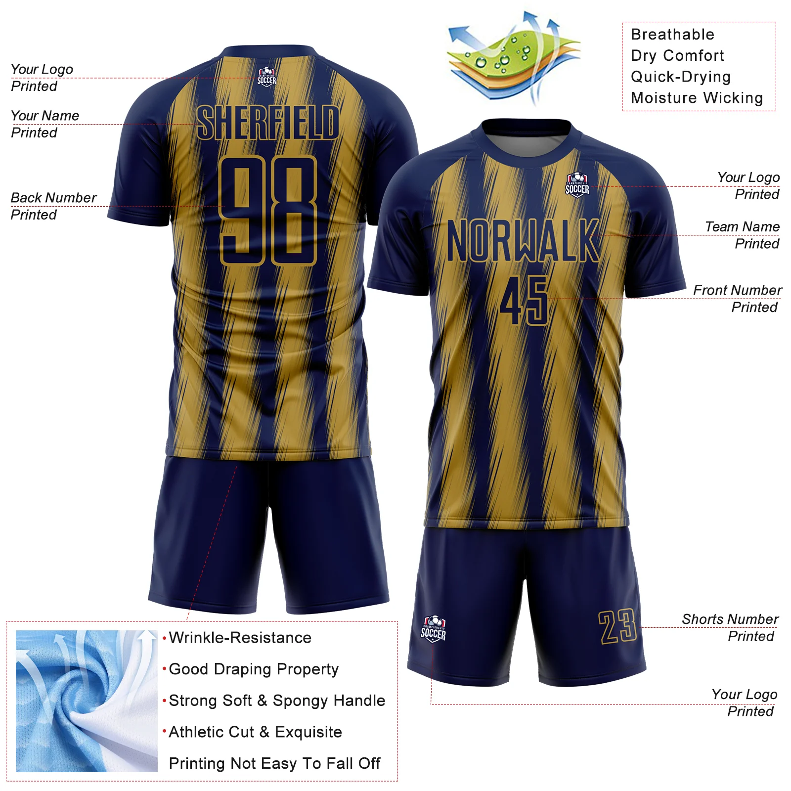 Custom Navy Old Gold Vertical Brush Stroke Stripes Sublimation Soccer Uniform Jersey - Image 4