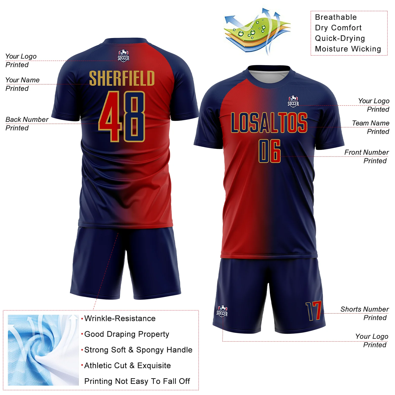 Custom Navy Red-Old Gold Sublimation Gradient Fashion Soccer Uniform Jersey - Image 4