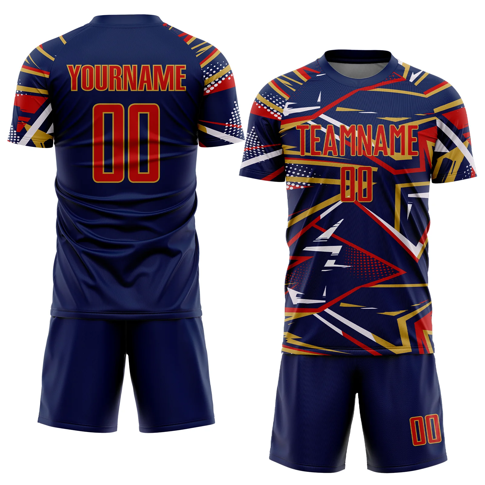 Custom Navy Red Old Gold-White Abstract Geometric Stripes Sports Sublimation Soccer Uniform Jersey - Image 2