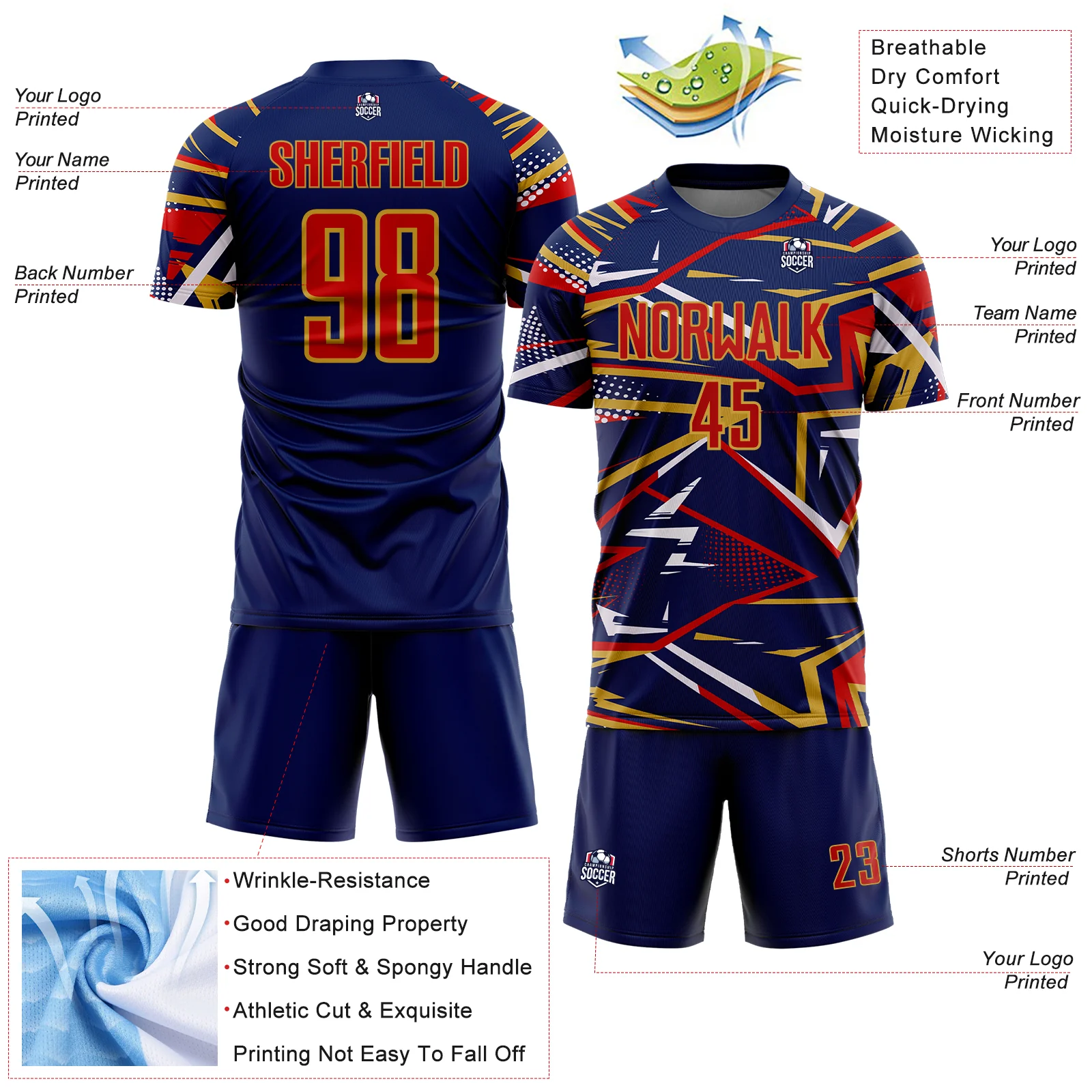 Custom Navy Red Old Gold-White Abstract Geometric Stripes Sports Sublimation Soccer Uniform Jersey - Image 4
