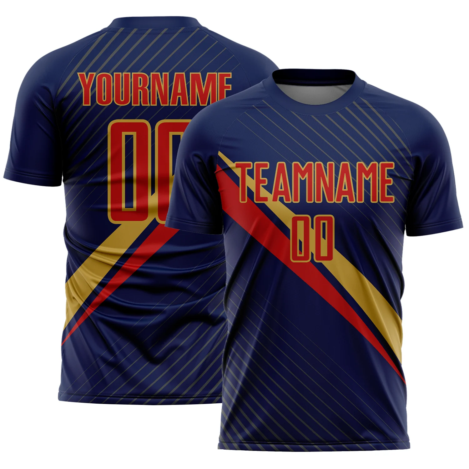 Custom Navy Red-Old Gold Diagonal Stripes Sports Sublimation Soccer Uniform Jersey