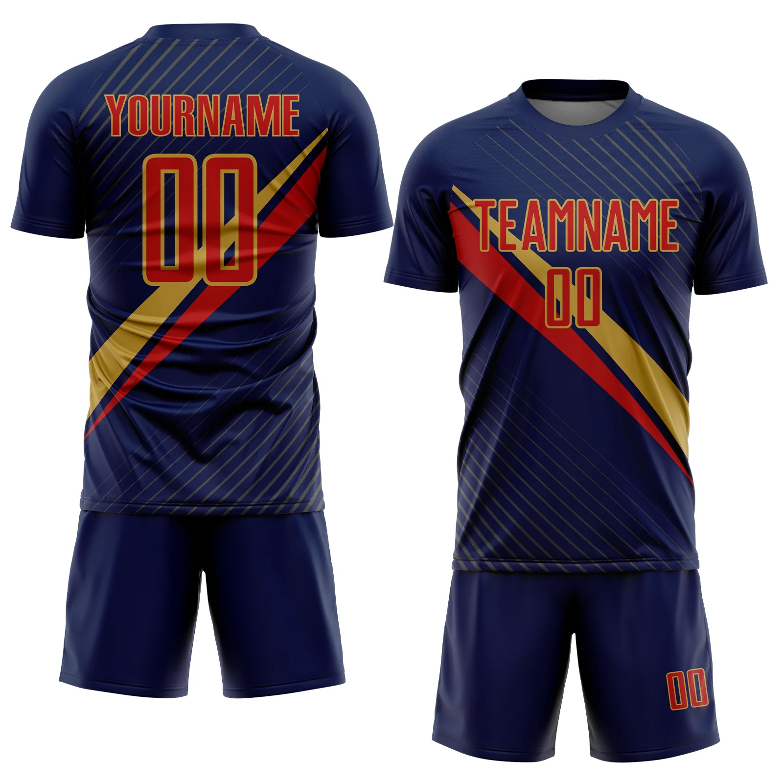 Custom Navy Red-Old Gold Diagonal Stripes Sports Sublimation Soccer Uniform Jersey - Image 2