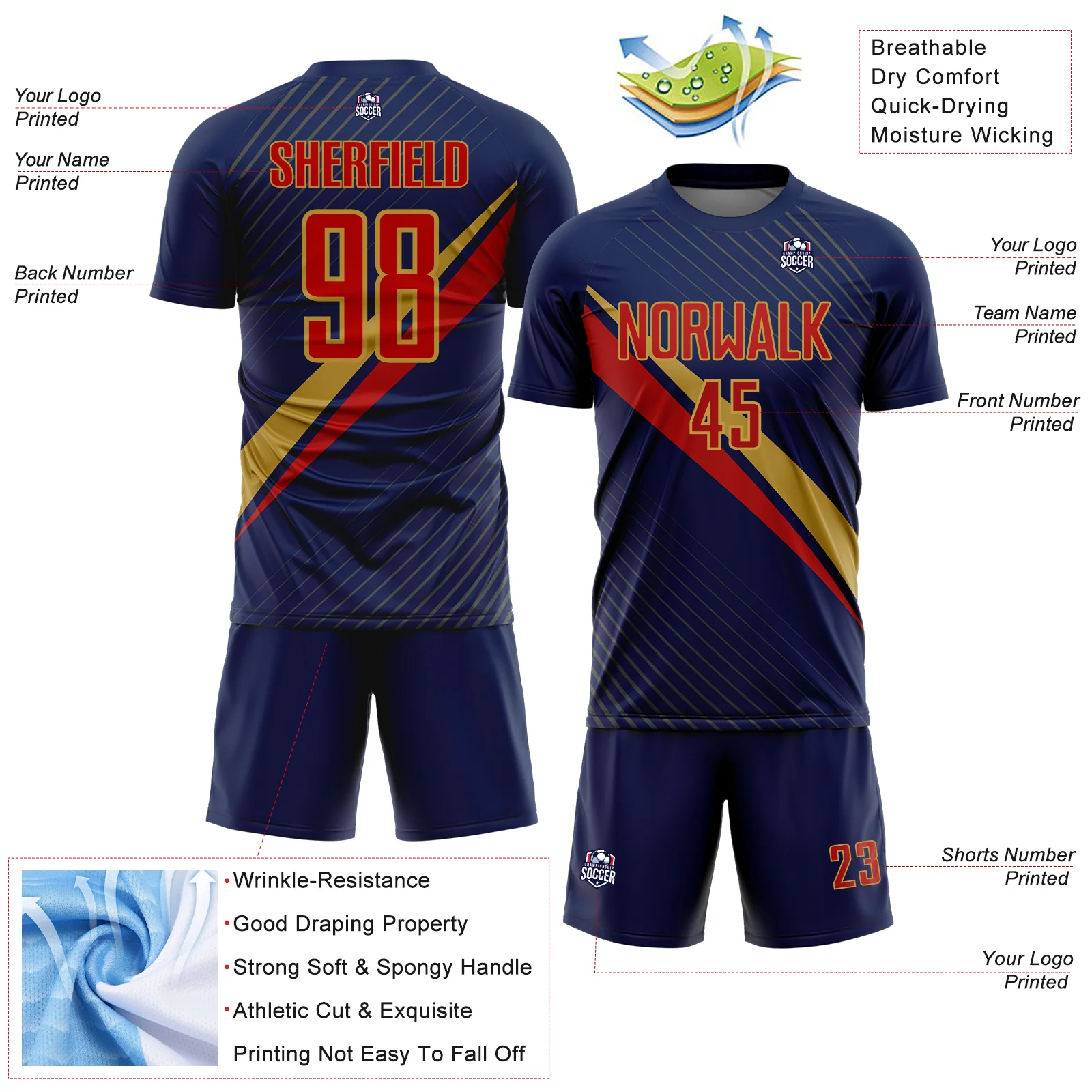 Custom Navy Red-Old Gold Diagonal Stripes Sports Sublimation Soccer Uniform Jersey - Image 4