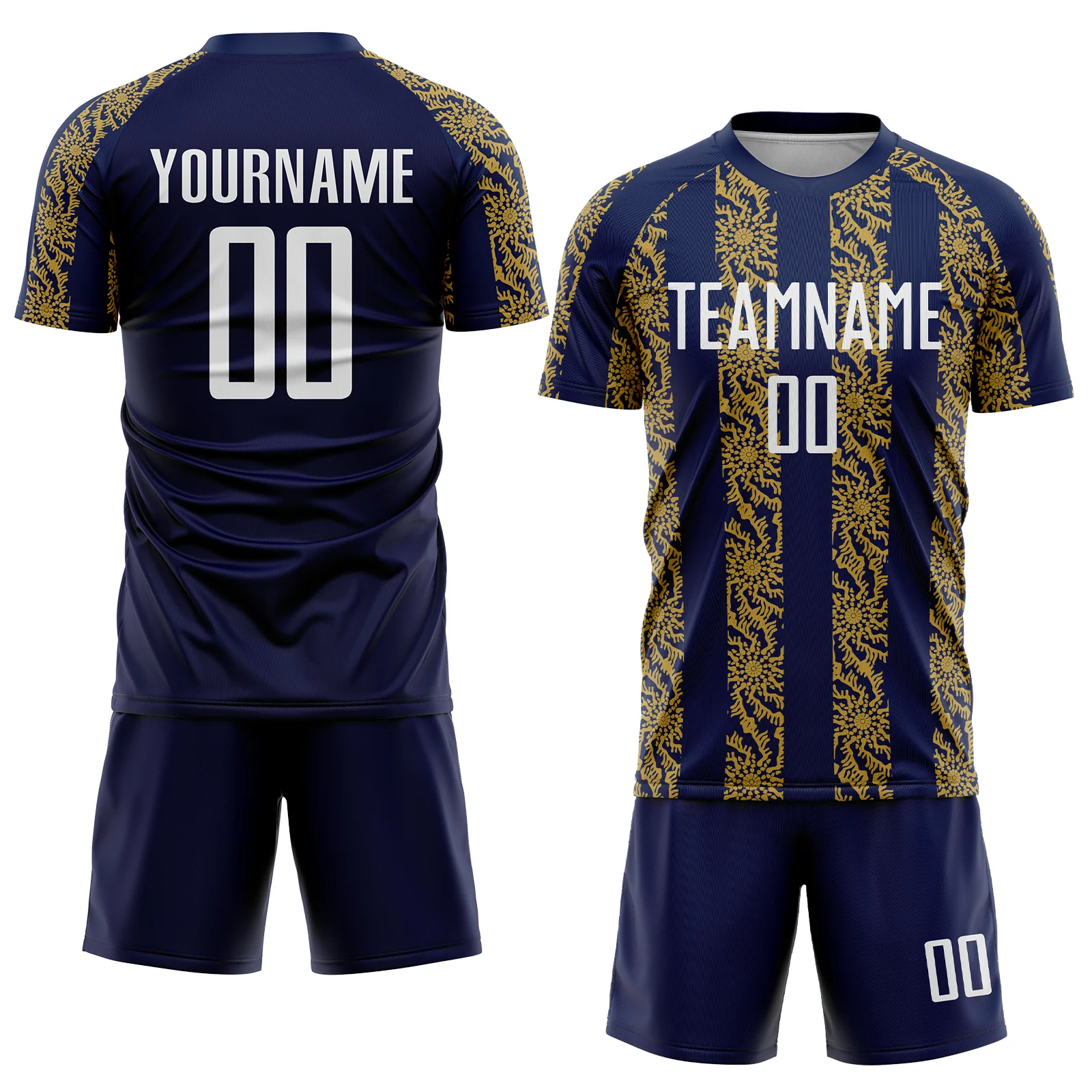 Custom Navy White-Old Gold Abstract Shape Sublimation Soccer Uniform Jersey - Image 2