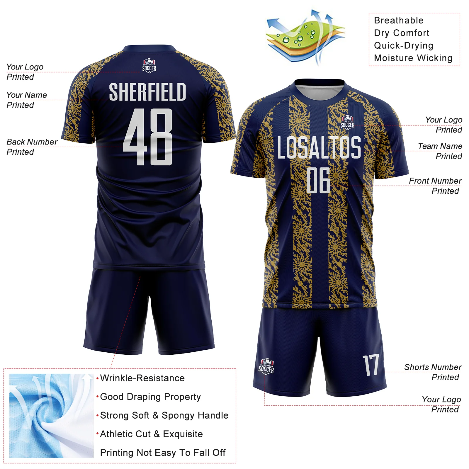 Custom Navy White-Old Gold Abstract Shape Sublimation Soccer Uniform Jersey - Image 4