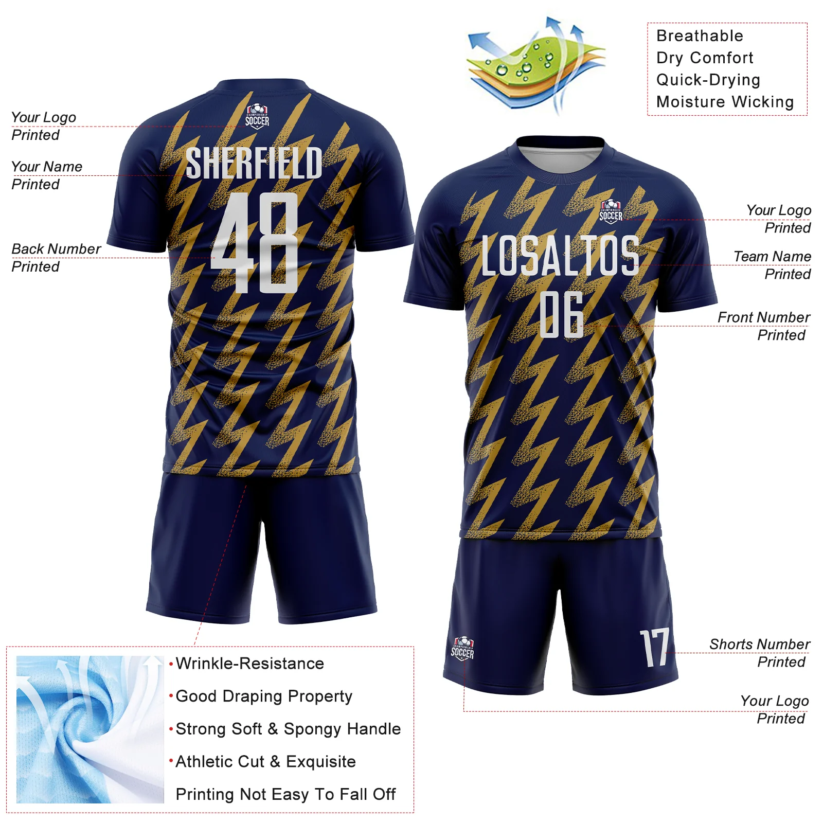 Custom Navy White-Old Gold Zigzag Shape Sublimation Soccer Uniform Jersey - Image 4
