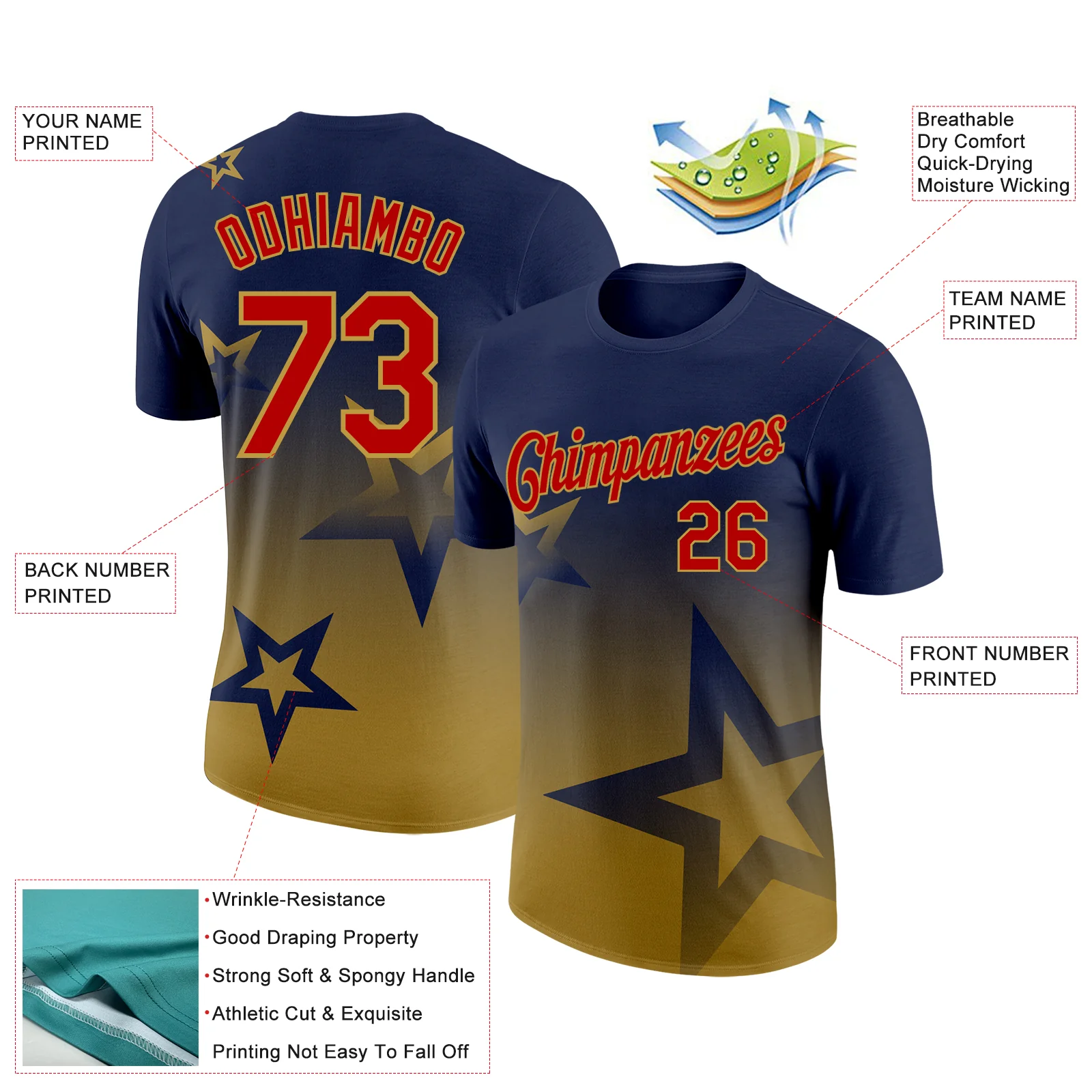 Custom Navy Red-Old Gold 3D Pattern Design Gradient Style Twinkle Star Performance T-Shirt - Image 2