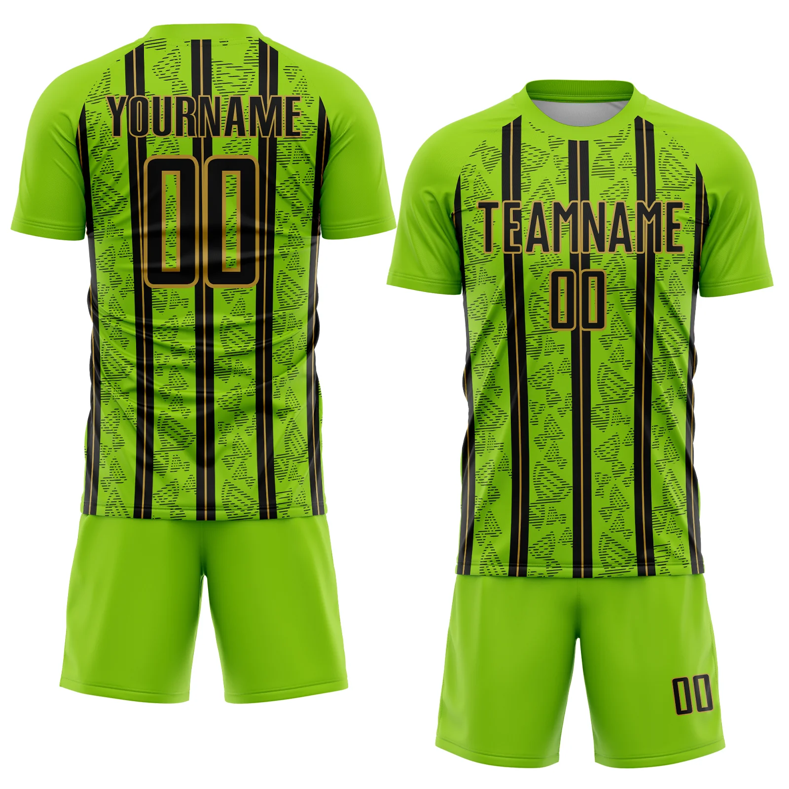 Custom Neon Green Black-Old Gold Stripe Line Sublimation Soccer Uniform Jersey - Image 2