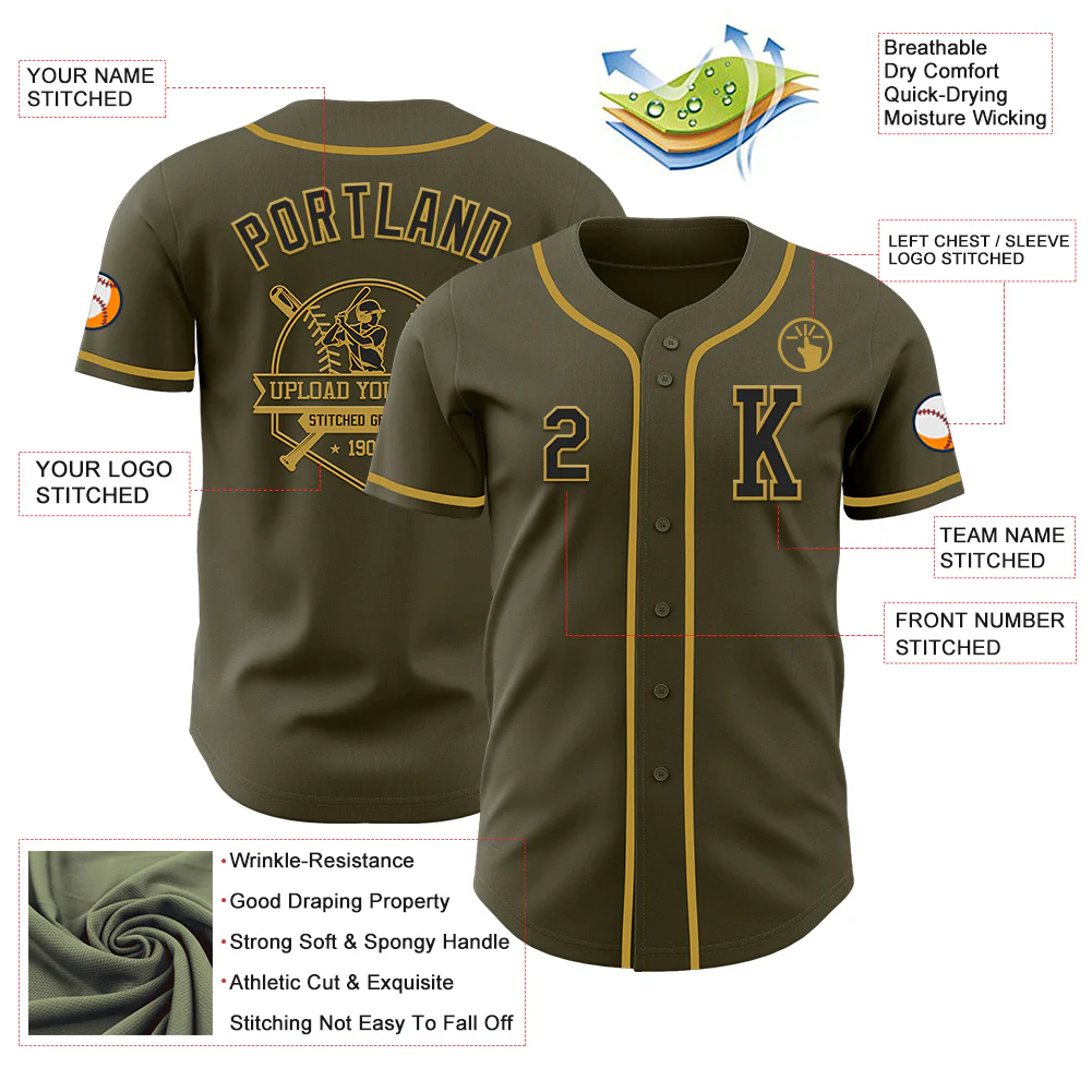 Custom Olive Black-Old Gold Authentic Salute To Service Baseball Jersey - Image 6