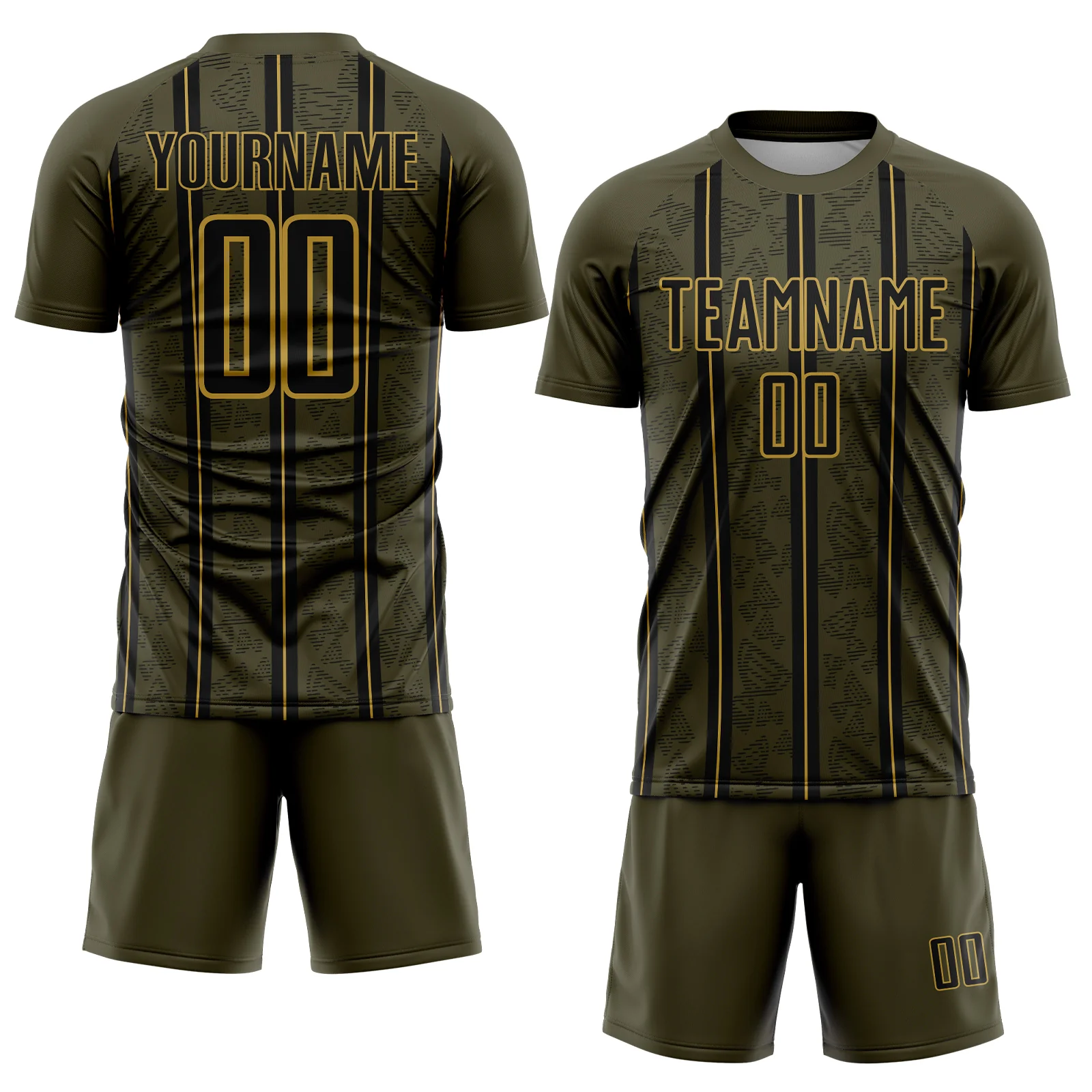 Custom Olive Black-Old Gold Stripe Line Sublimation Salute To Service Soccer Uniform Jersey - Image 2