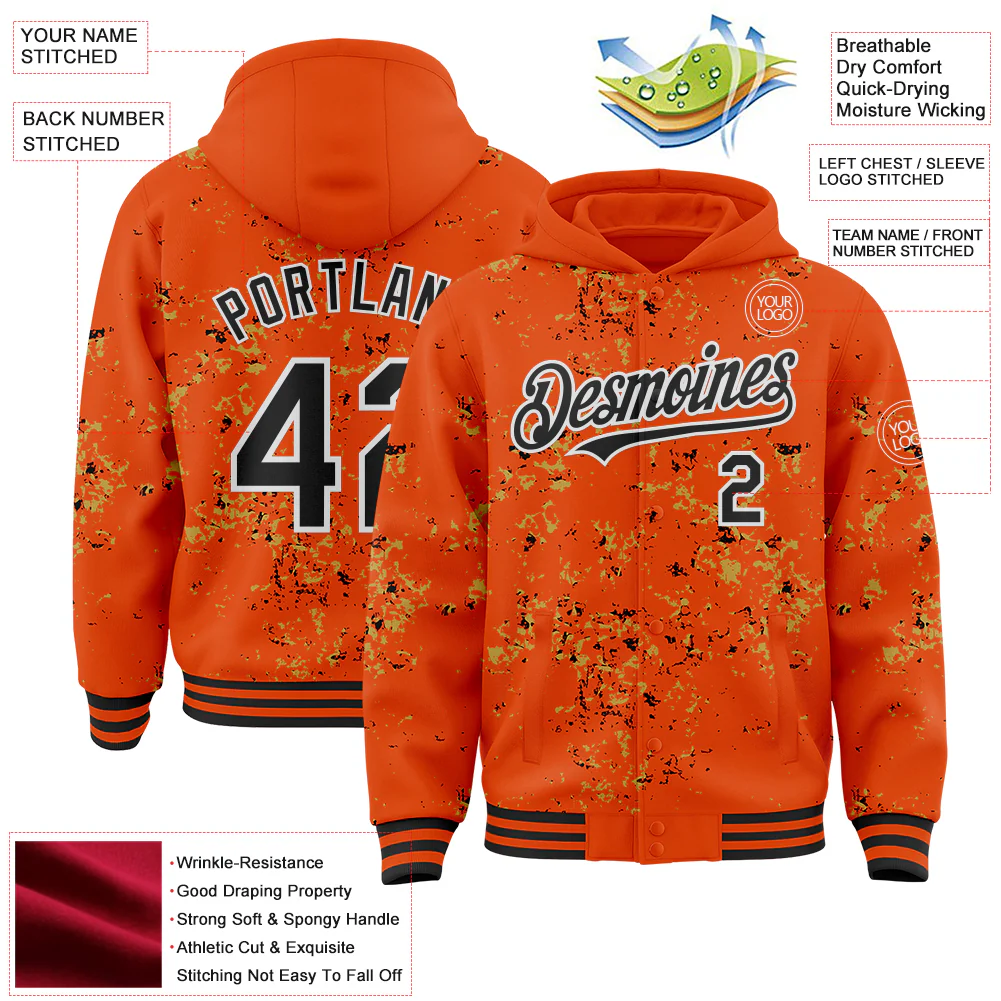 Custom Orange Black Old Gold-White Fragment Pattern Bomber Full-Snap Varsity Letterman Hoodie Jacket - Image 4
