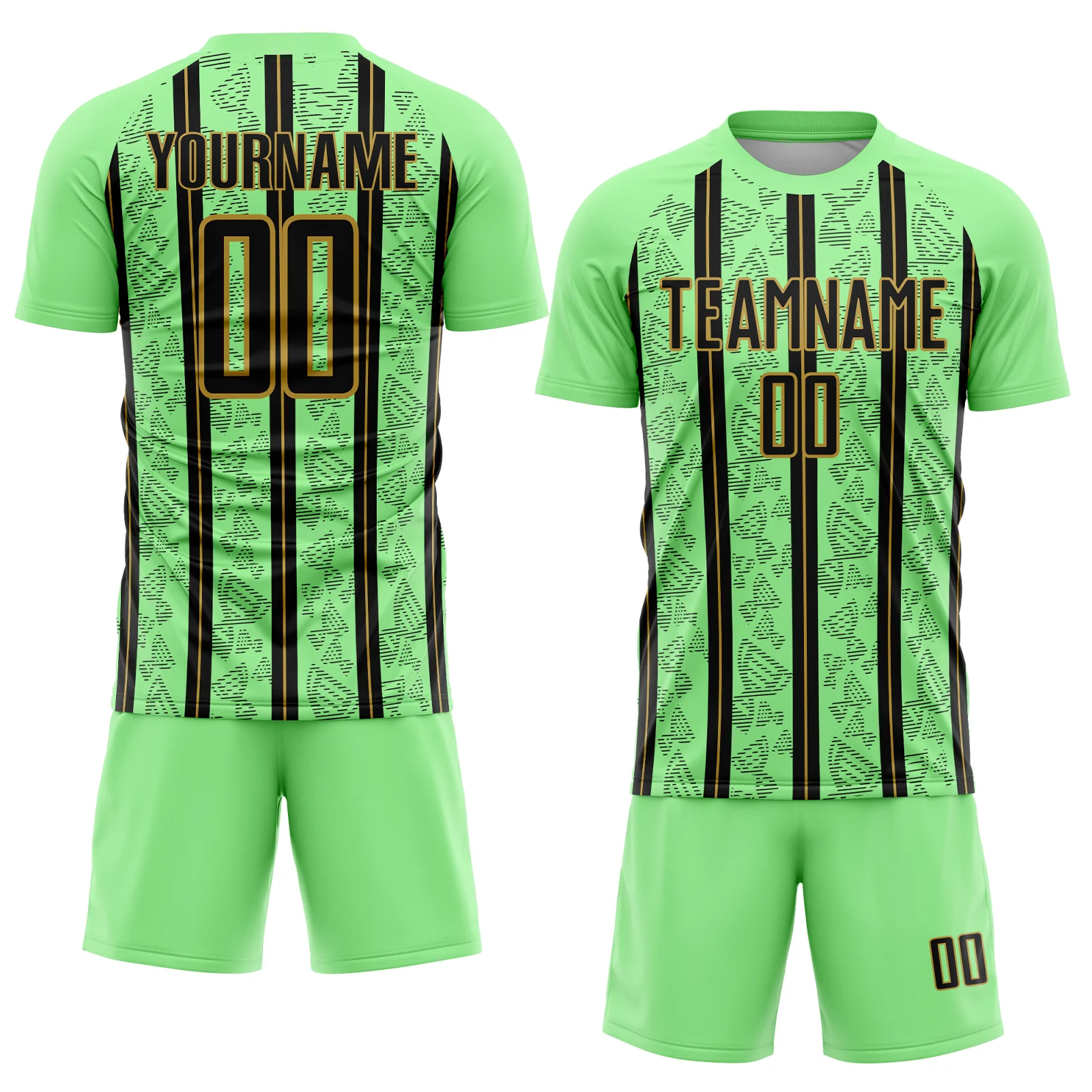 Custom Pea Green Black-Old Gold Stripe Line Sublimation Soccer Uniform Jersey - Image 2