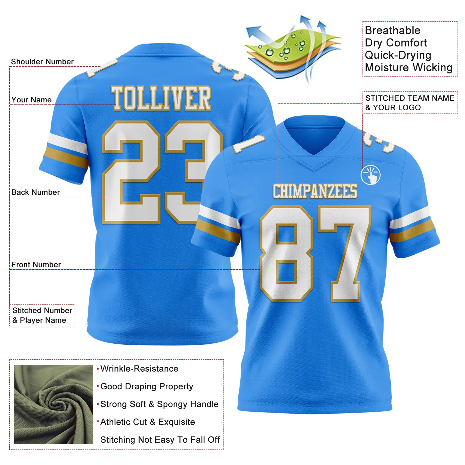 Custom Powder Blue White-Old Gold Authentic Football Jersey - Image 3