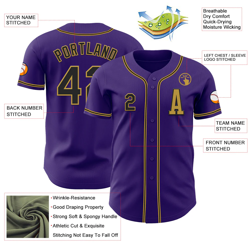 Custom Purple Black-Old Gold Authentic Baseball Jersey - Image 2