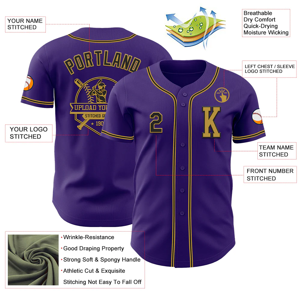 Custom Purple Black-Old Gold Authentic Baseball Jersey - Image 6