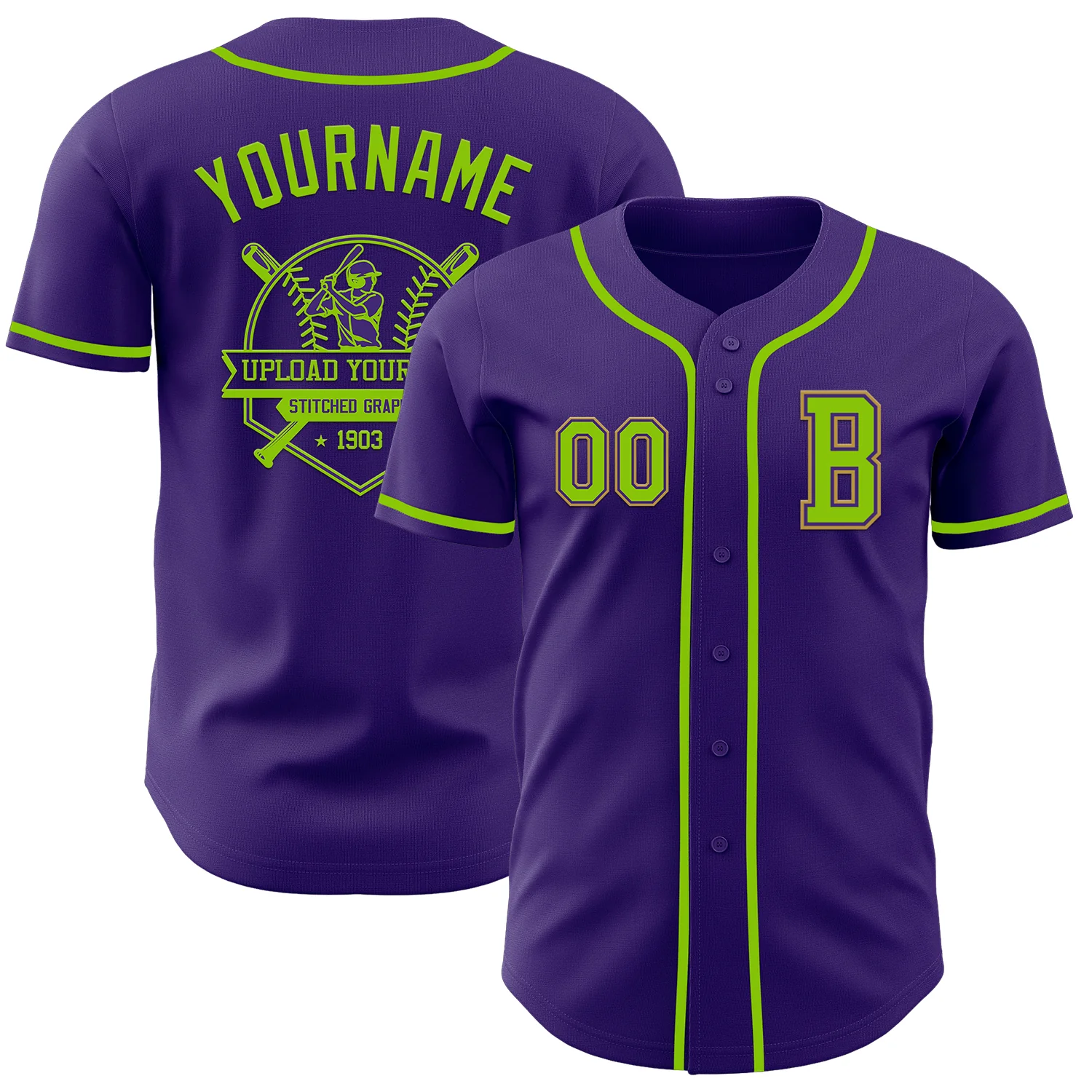 Custom Purple Neon Green-Old Gold Authentic Baseball Jersey - Image 5