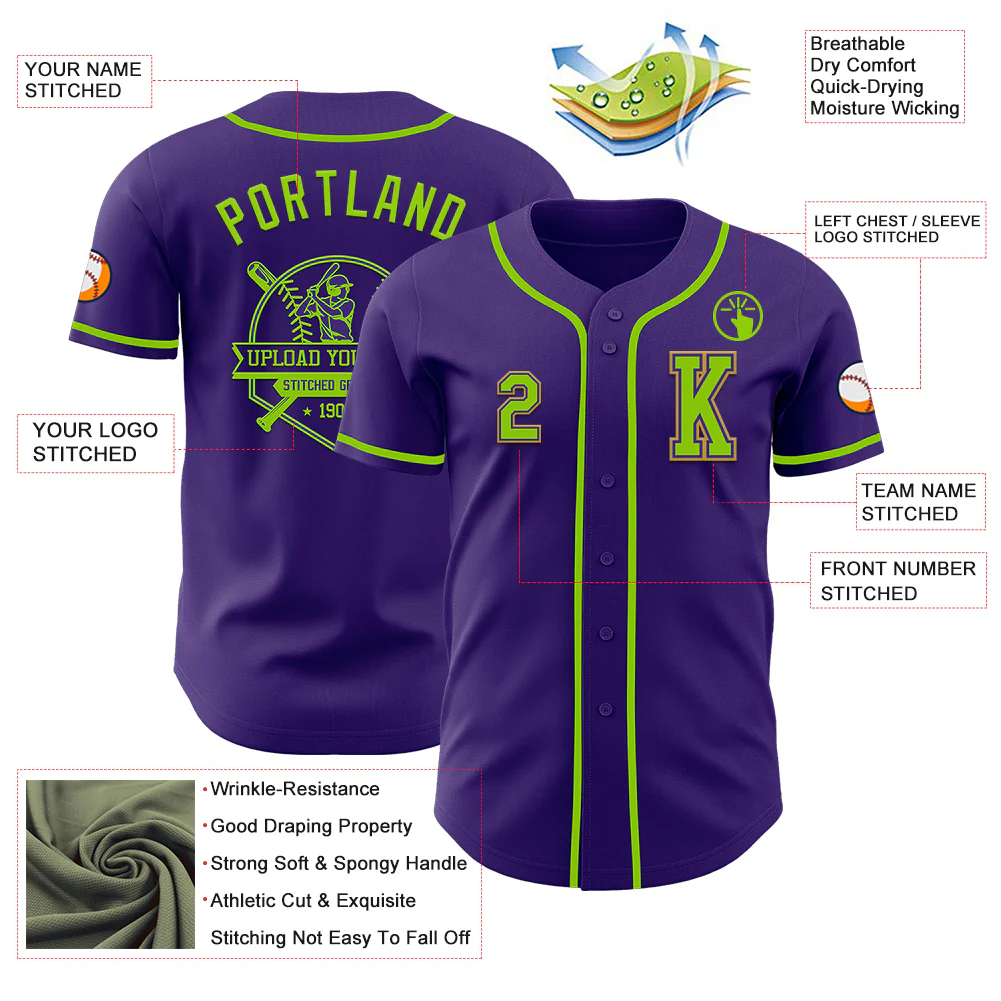 Custom Purple Neon Green-Old Gold Authentic Baseball Jersey - Image 6