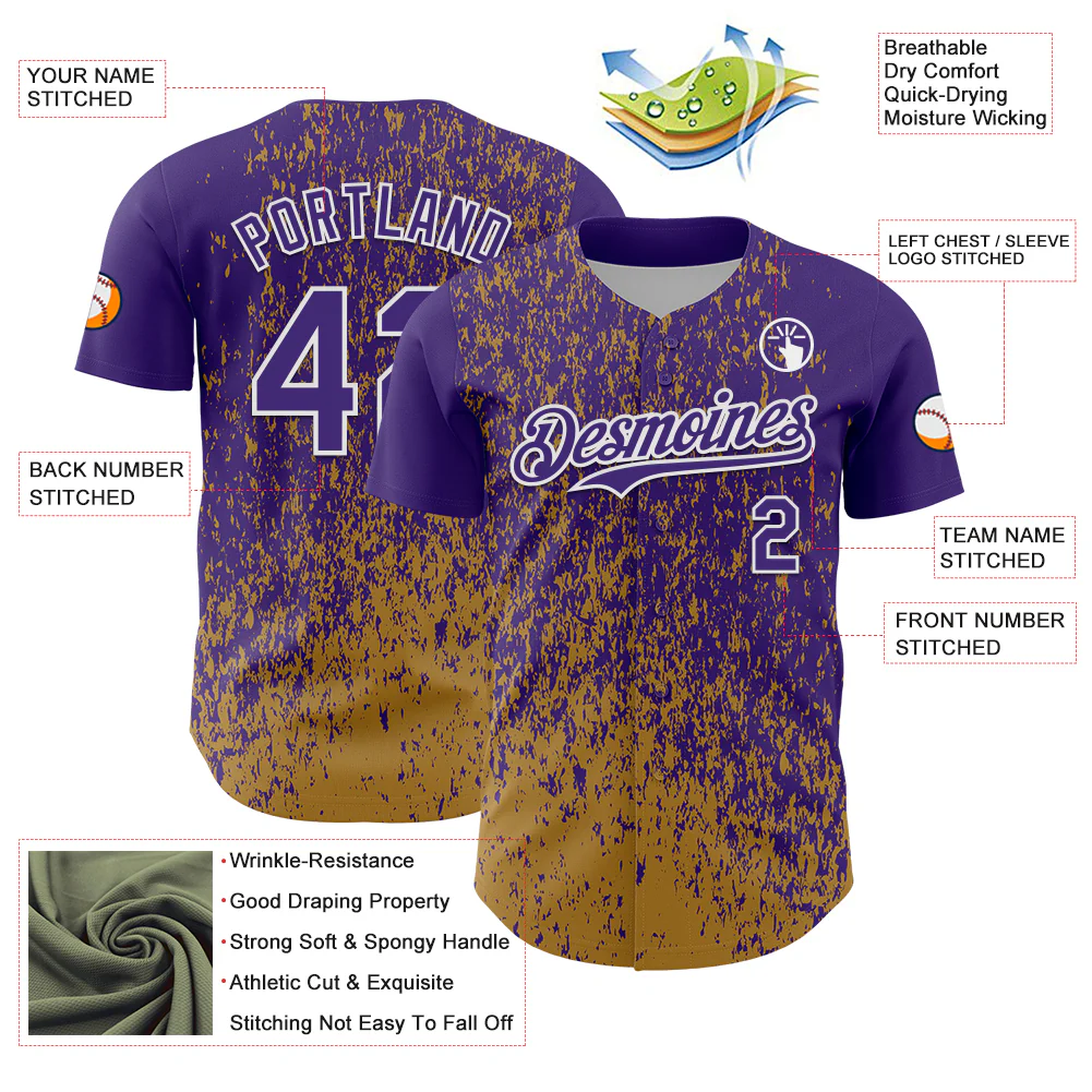 Custom Purple Old Gold-White Abstract Fragment Splatter Authentic Baseball Jersey - Image 3