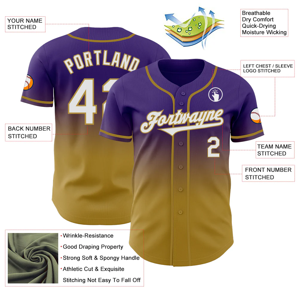 Custom Purple White-Old Gold Authentic Fade Fashion Baseball Jersey - Image 3