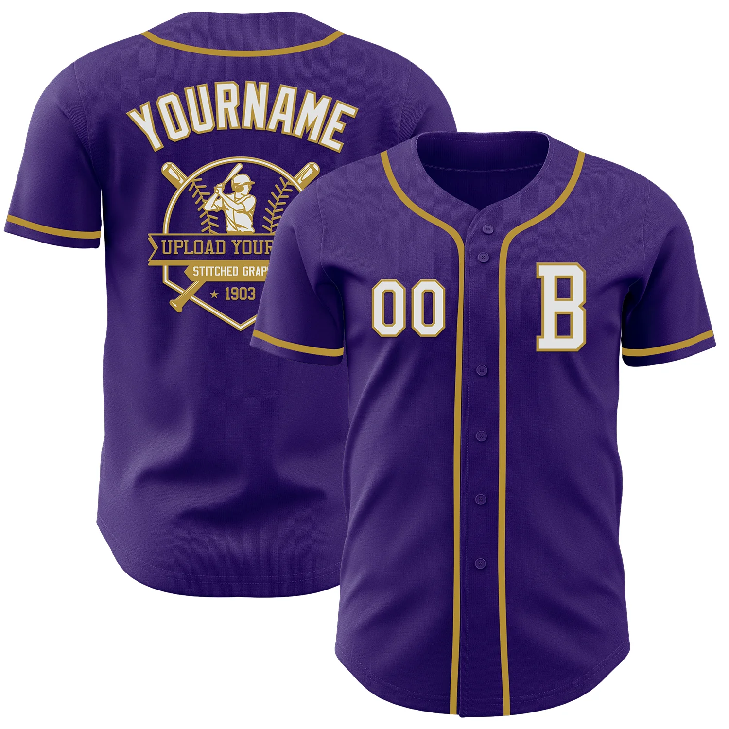 Custom Purple White-Old Gold Authentic Baseball Jersey - Image 5