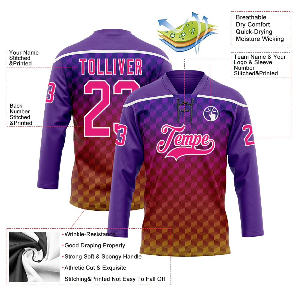 Custom Purple Hot Pink Old Gold-White Abstract Gradient Halftone Pattern Hockey Lace Neck Jersey - Image 5
