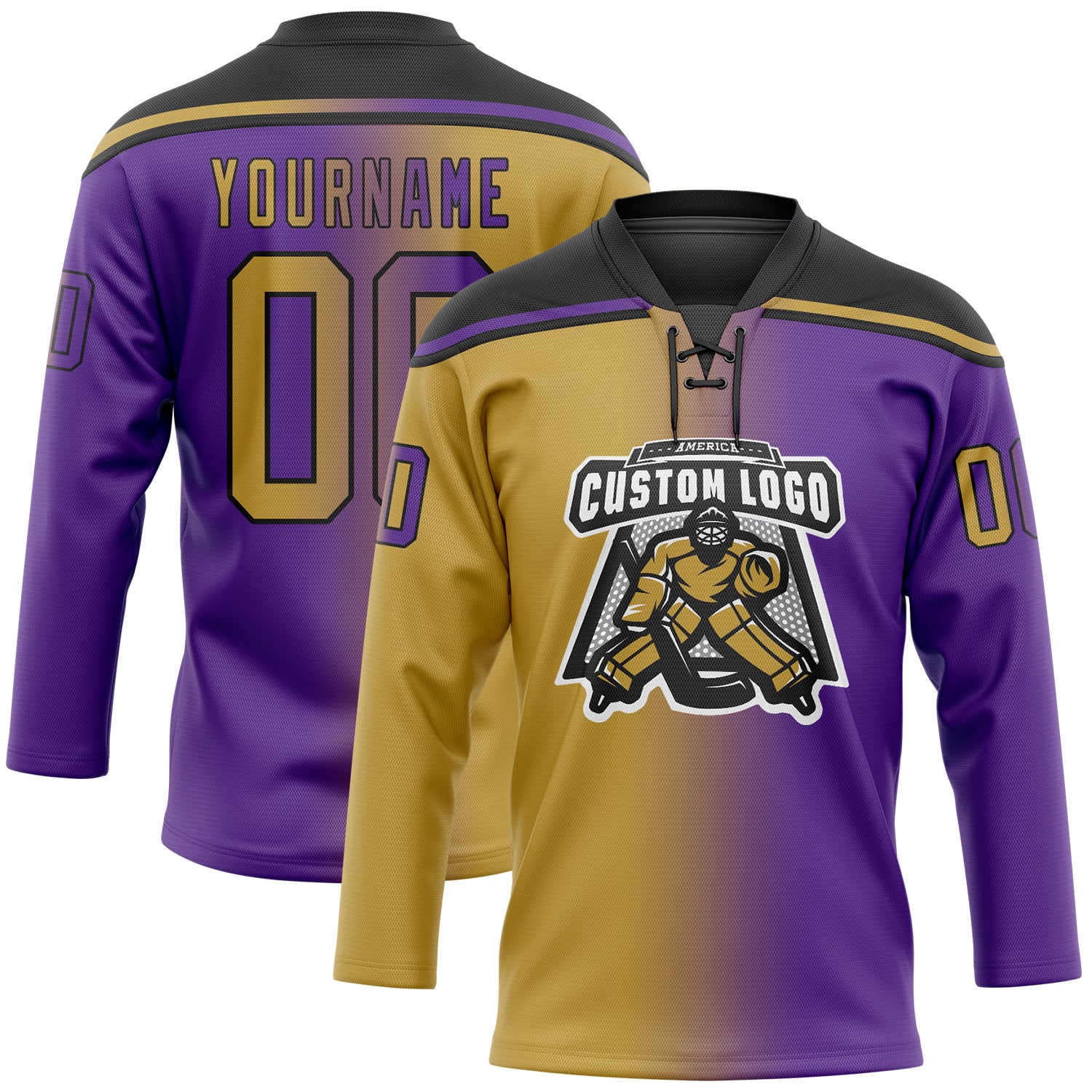 Custom Purple Old Gold-Black Gradient Fashion Hockey Lace Neck Jersey - Image 2