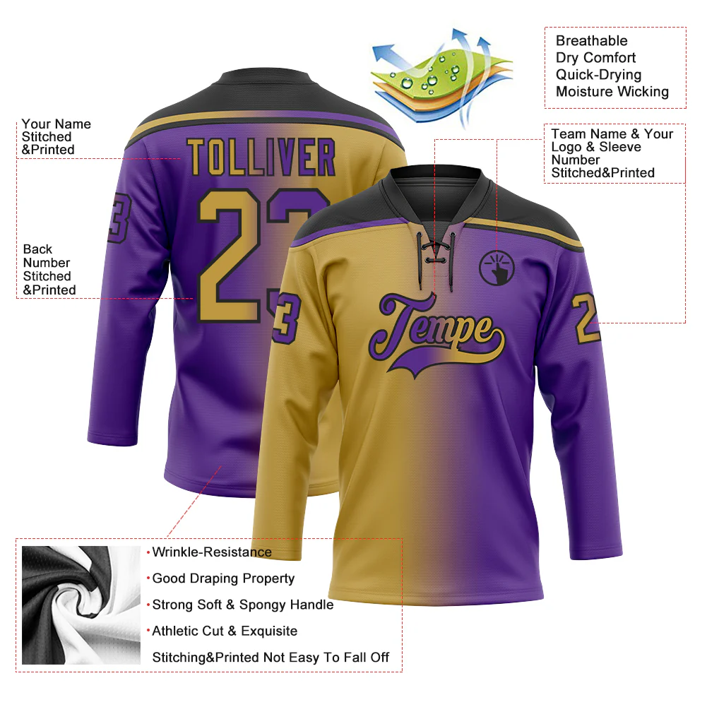 Custom Purple Old Gold-Black Gradient Fashion Hockey Lace Neck Jersey - Image 5