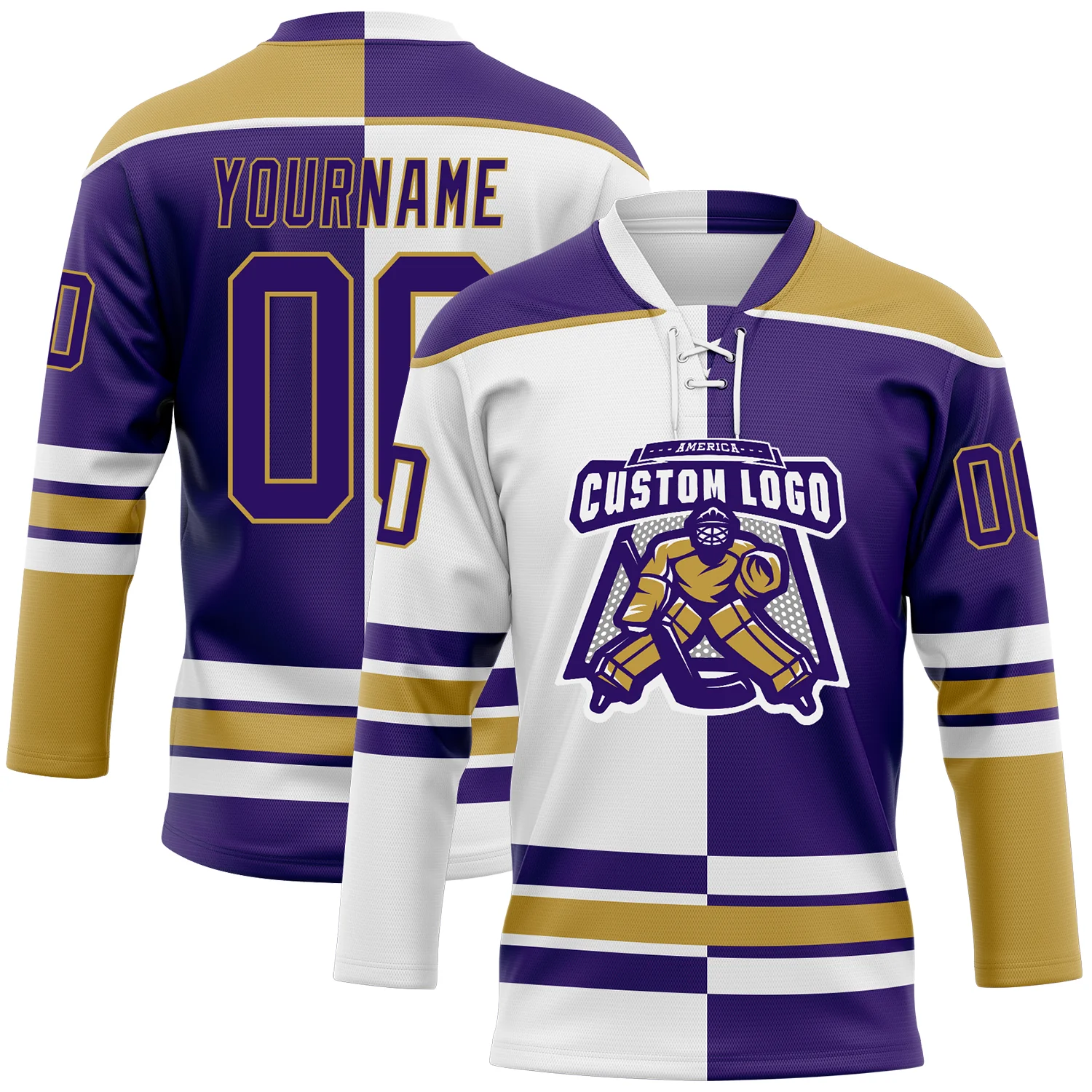 Custom Purple Old Gold-White Split Fashion Hockey Lace Neck Jersey - Image 2