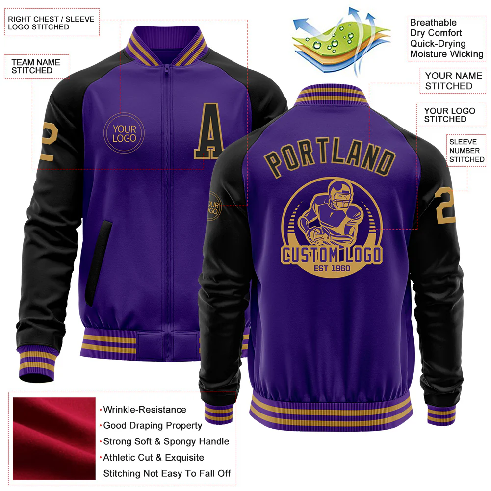 Custom Purple Black-Old Gold Bomber Varsity Letterman Two Tone Zipper Jacket - Image 4