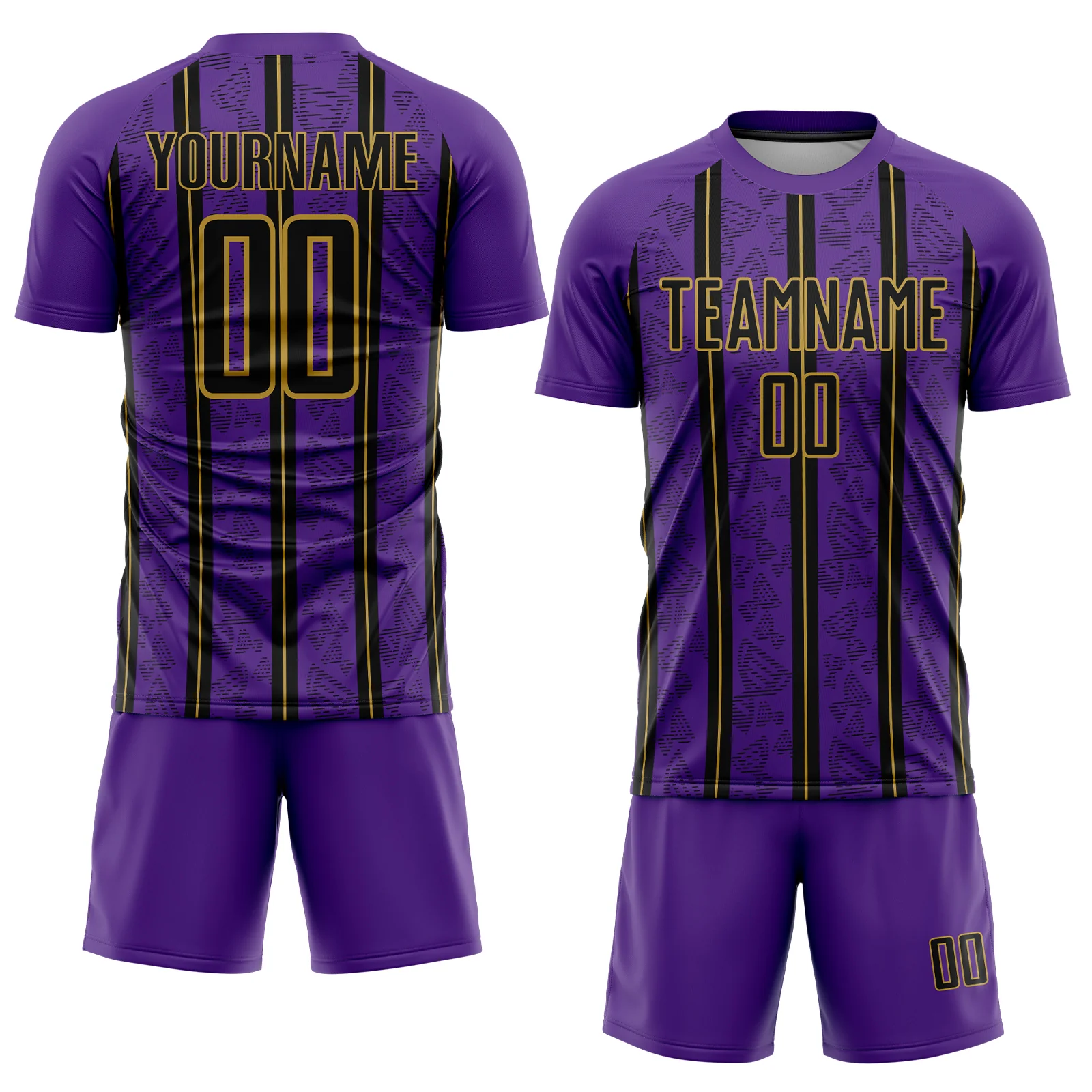 Custom Purple Black-Old Gold Stripe Line Sublimation Soccer Uniform Jersey - Image 2