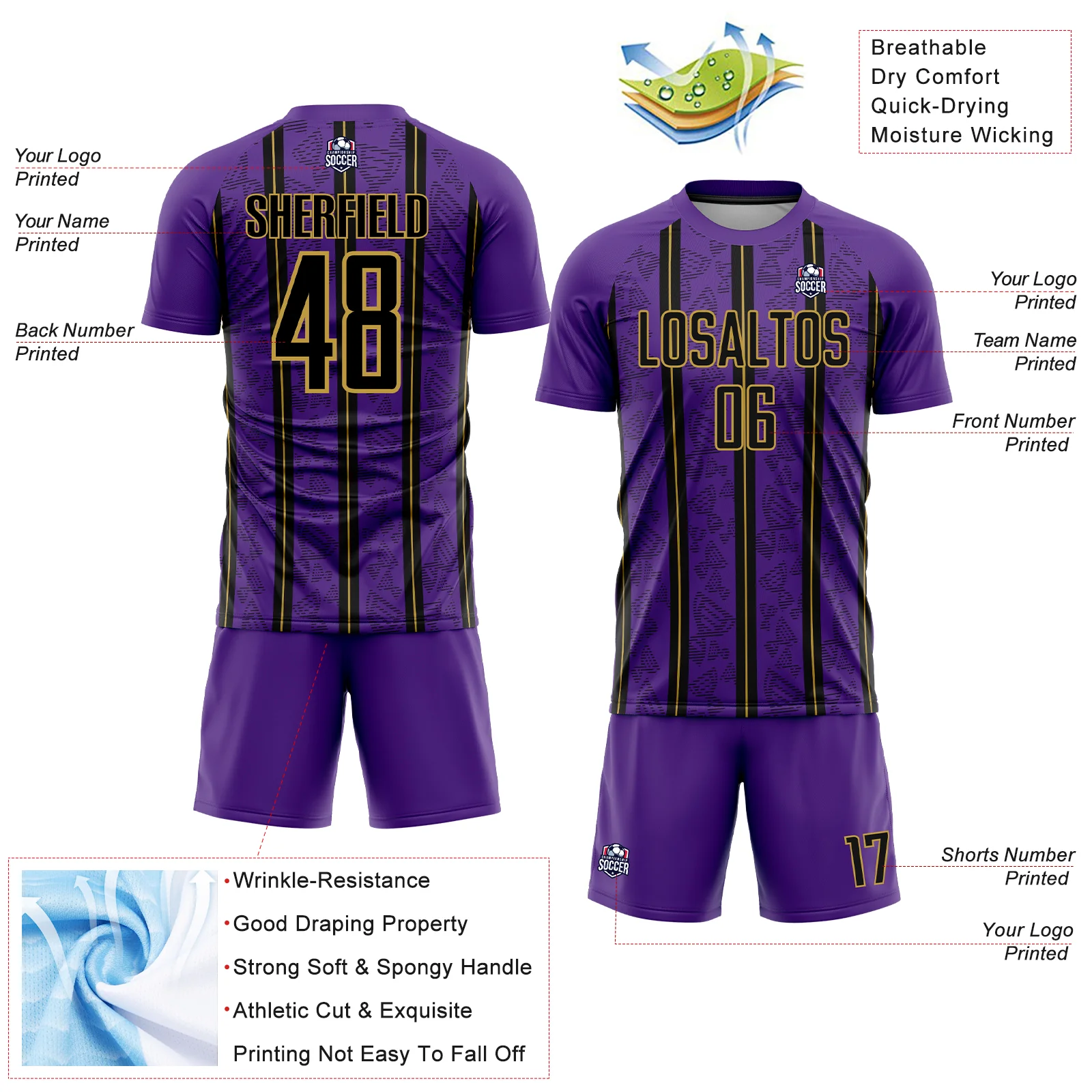 Custom Purple Black-Old Gold Stripe Line Sublimation Soccer Uniform Jersey - Image 4